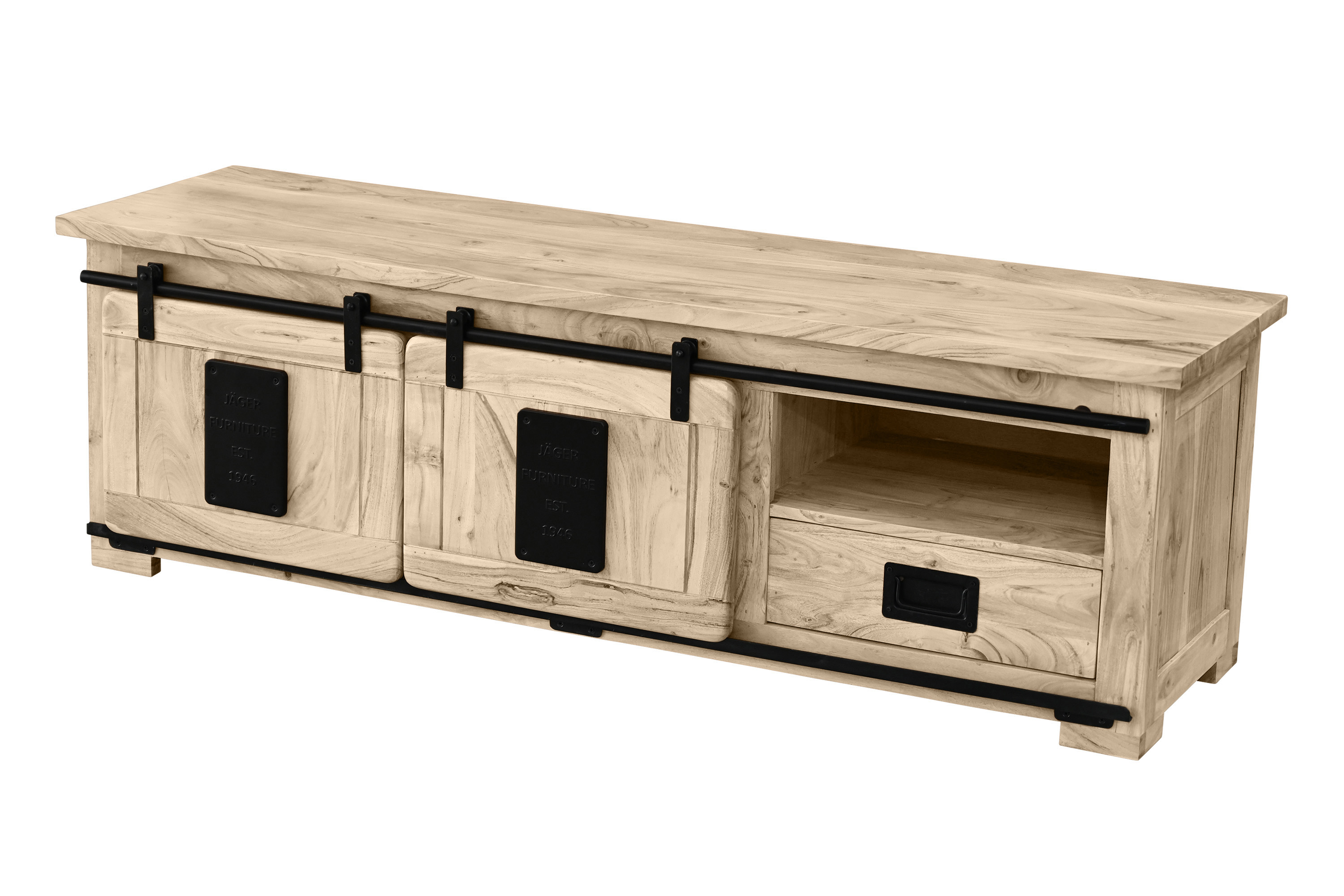 Lowboard Kommode TV-Board mit Schiebetüren, Schubfach & 3 Fächern Akazie massiv eiche 160 x 45 x 50 cm LIBRO