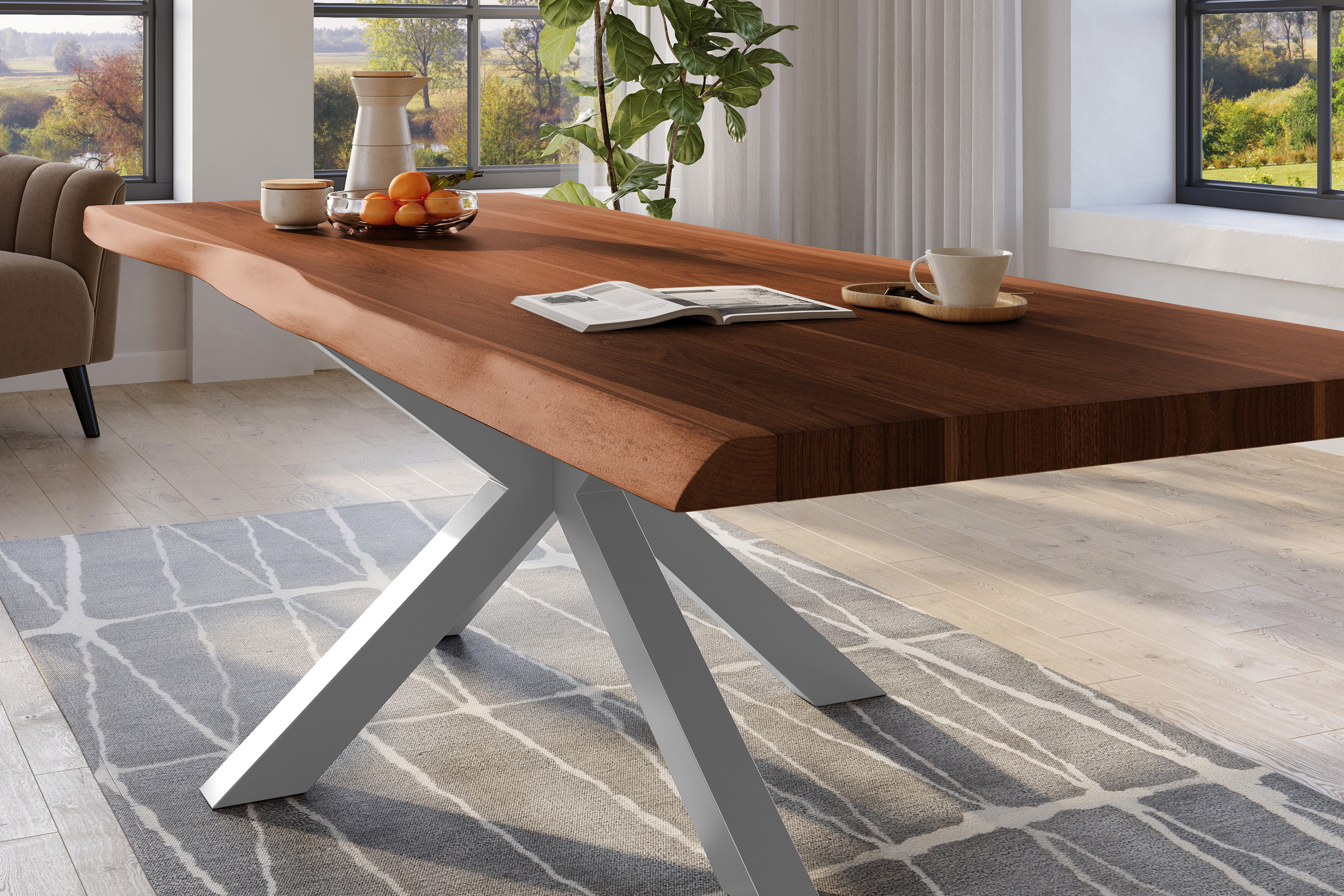 Esstisch Baumkante massiv Akazie nussbaumfarben 280 x 120 Spider-Gestell Metall silber TITAN