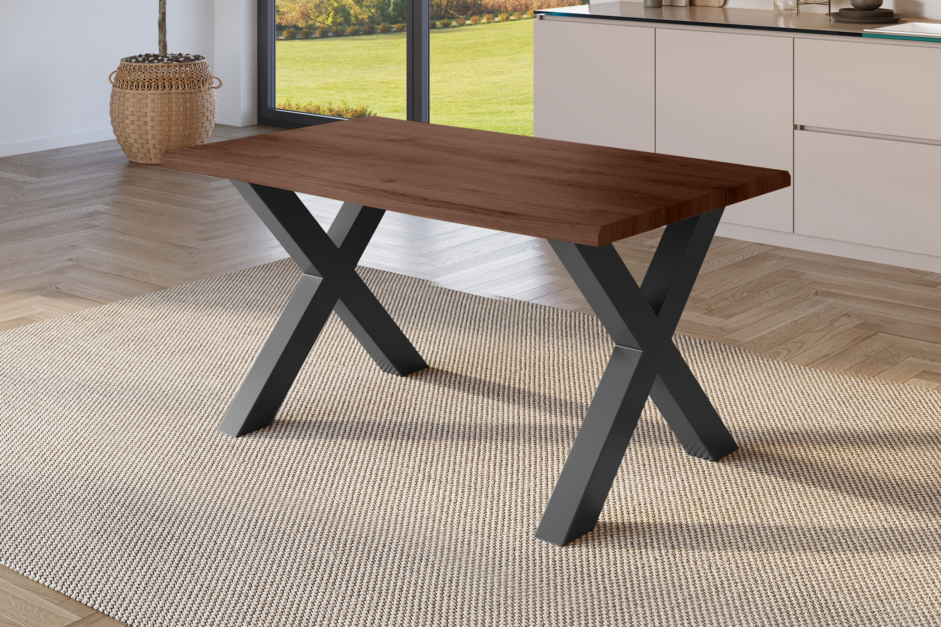 Esstisch Baumkante Holz-Optik Nussbaum 140 x 80 X-Gestell schwarz JULIUS