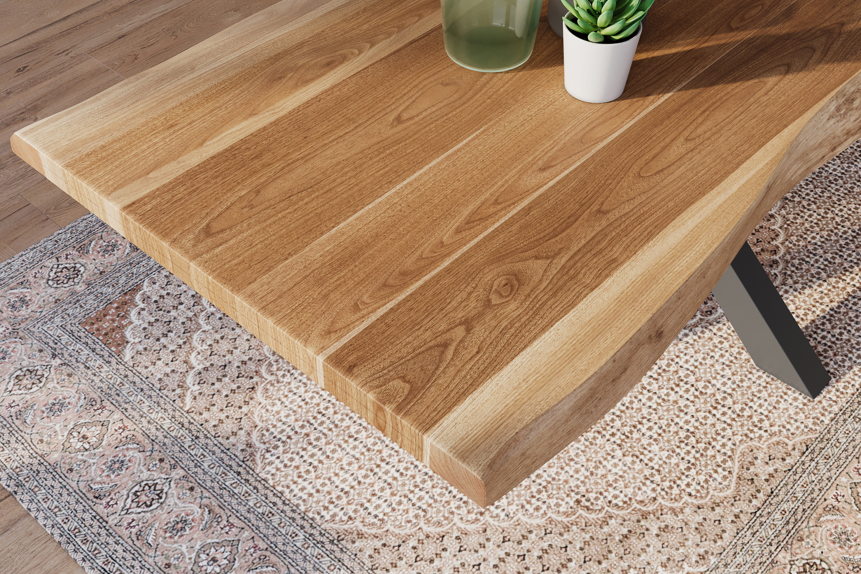 Esstisch Baumkante massiv Akazie natur 240 x 100 Spider-Gestell schwarz ATLAS