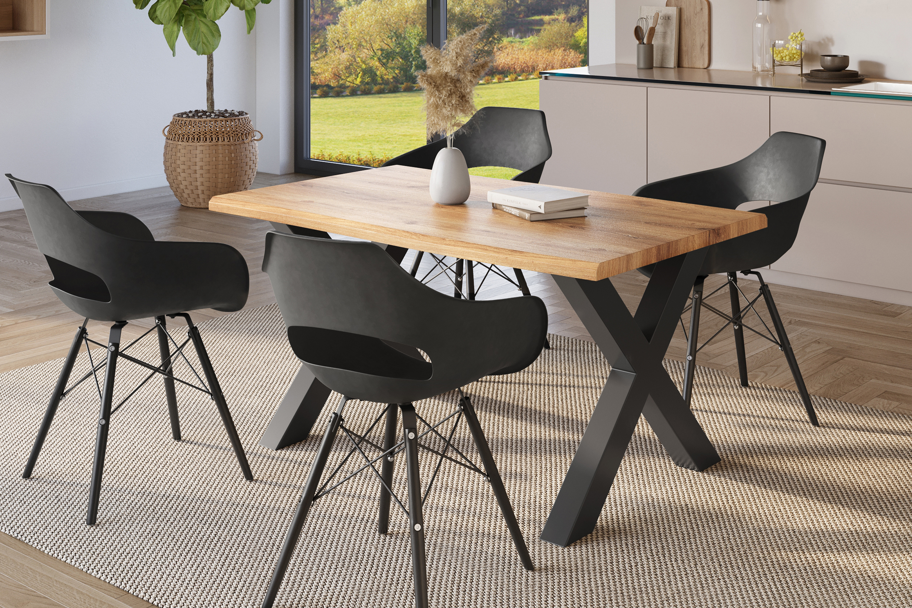 Esstisch Baumkante Holz-Optik Wildeiche 120 x 80 X-Gestell schwarz JULIUS