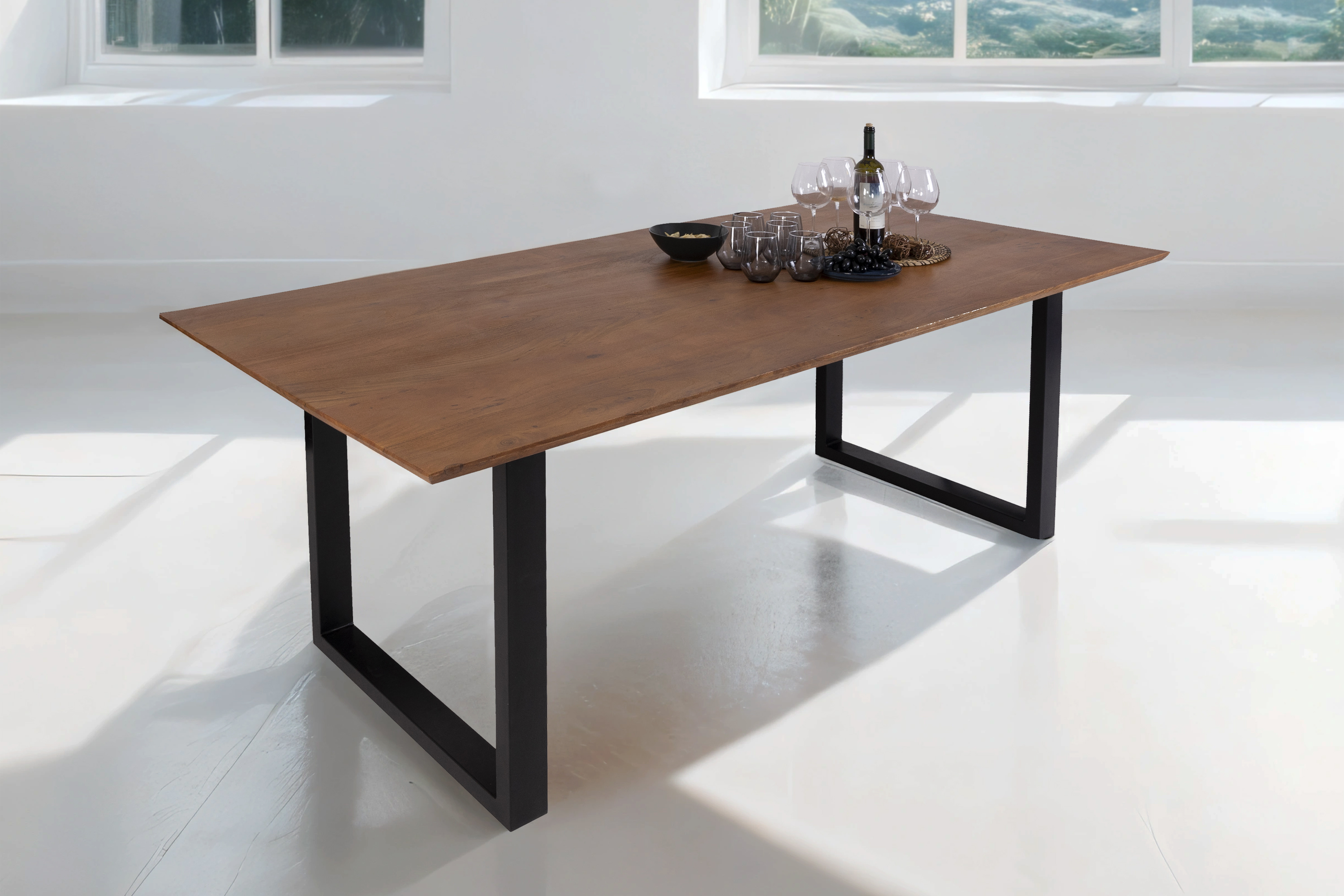 Esstisch 300x100cm Akazie massiv nussbaumfarben schweizer Kante U-Gestell ATLANTA