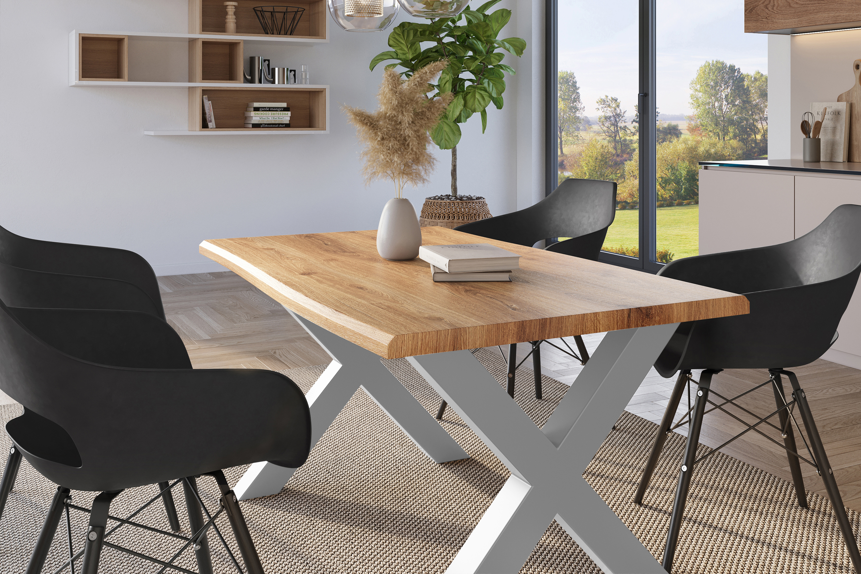 Esstisch Baumkante Holz-Optik Wildeiche 120 x 80 X-Gestell silber JULIUS