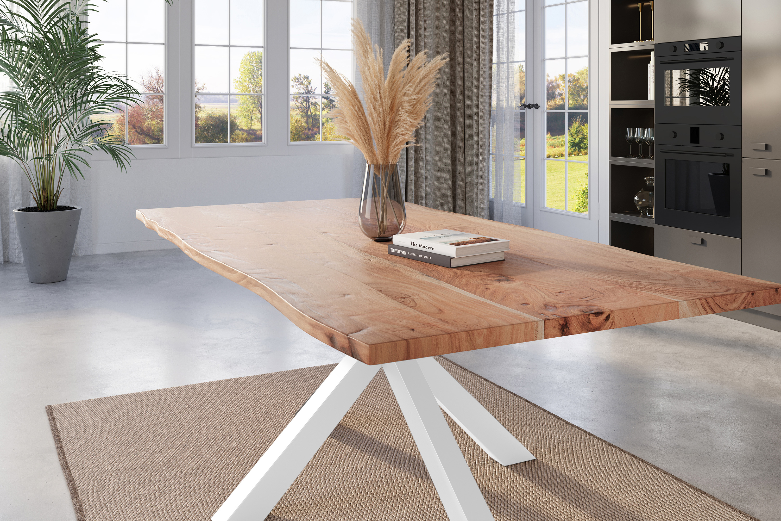 Esstisch Baumkante massiv Akazie natur 180 x 90 cm Spider-Gestell weiß Kalea