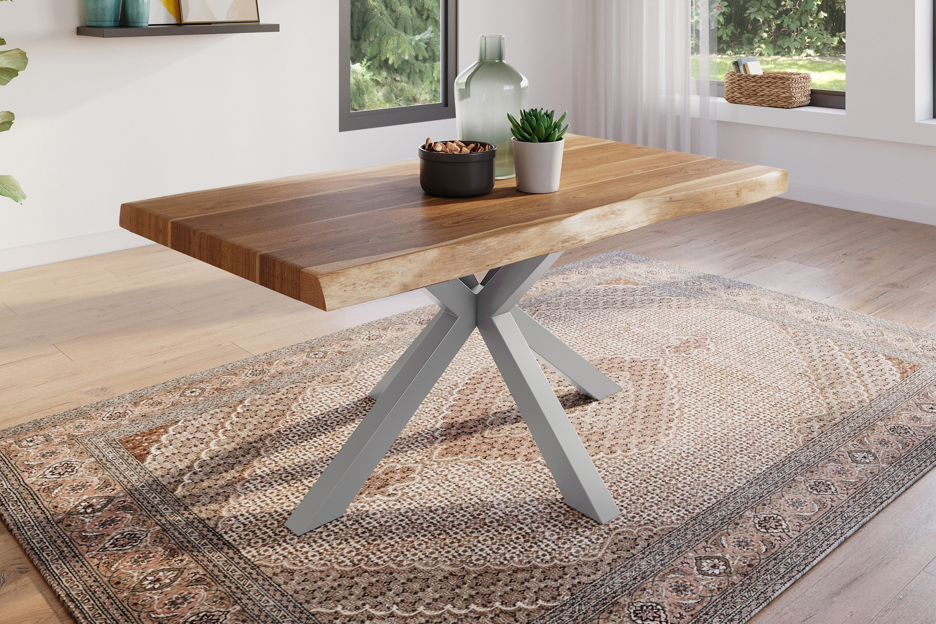 Esstisch Baumkante massiv Akazie natur 120 x 80 Spider-Gestell silber ATLAS