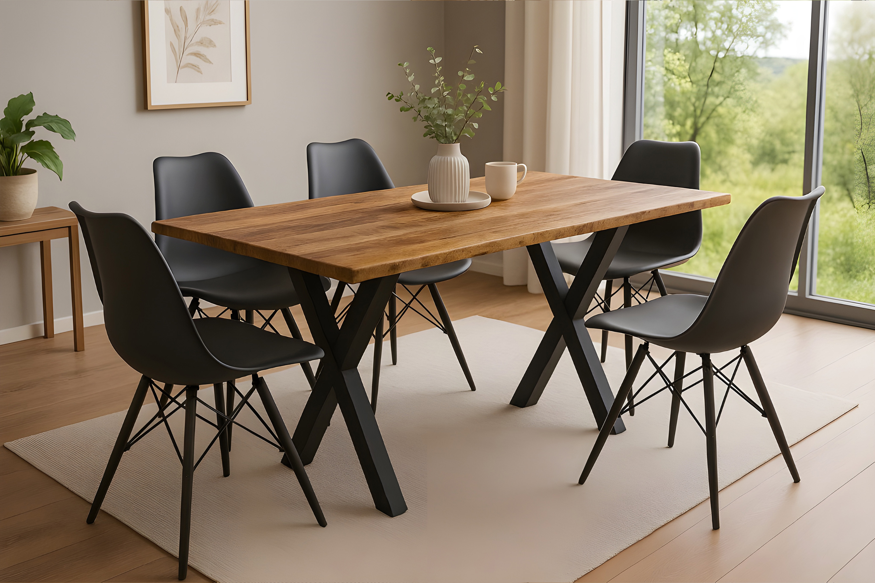 Esstisch Baumkante Massiv Mango rough 120 x 80 schwarz X-Gestell MIRABELLE