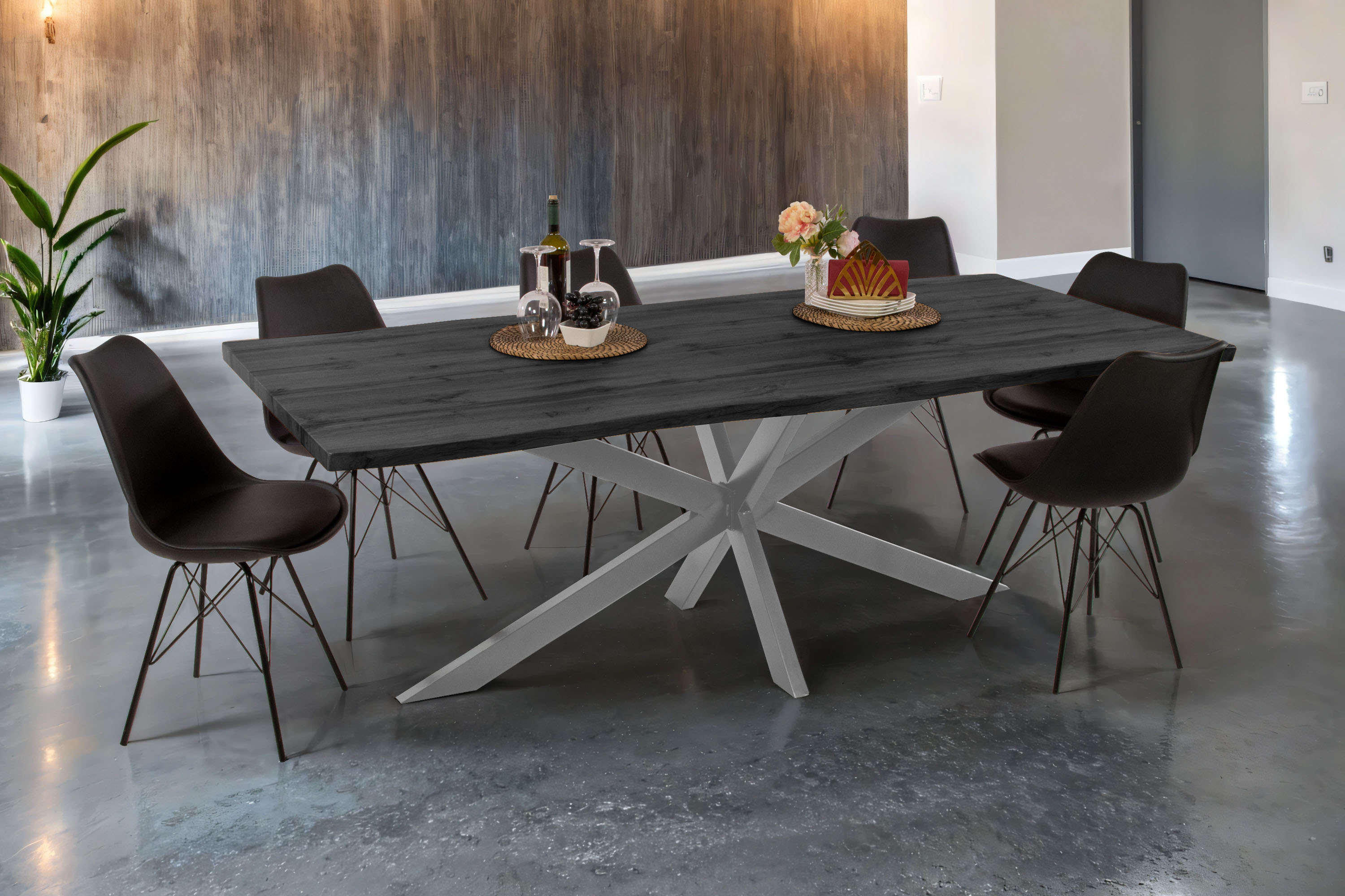 Esstisch Baumkante Holz-Optik Grau 220 x 100 Spider-Gestell silber JOSY