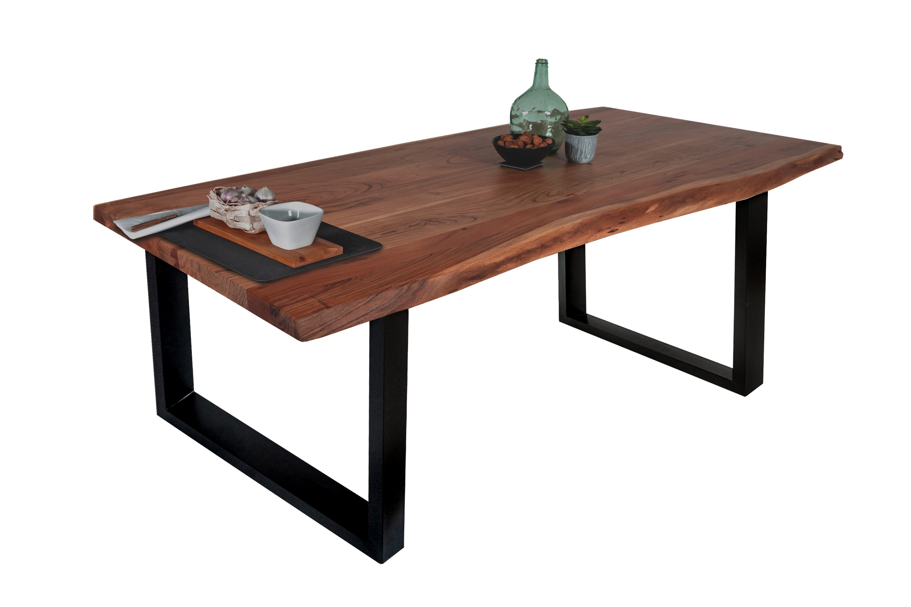 Esstisch Baumkante massiv Akazie Nussbaum 120 x 80 U-Gestell schwarz THEA