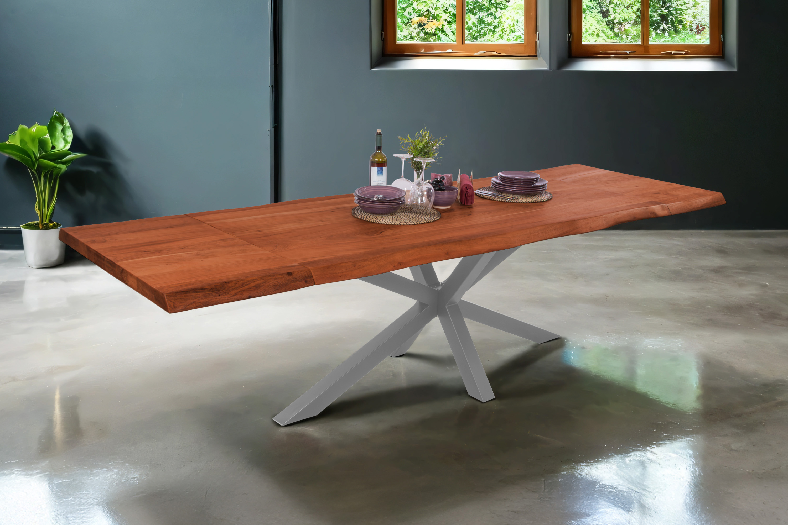 Esstisch Baumkante Akazie nuss 160 (260) x 90 cm Spider-Gestell silber mit Ansteckplatten CALI