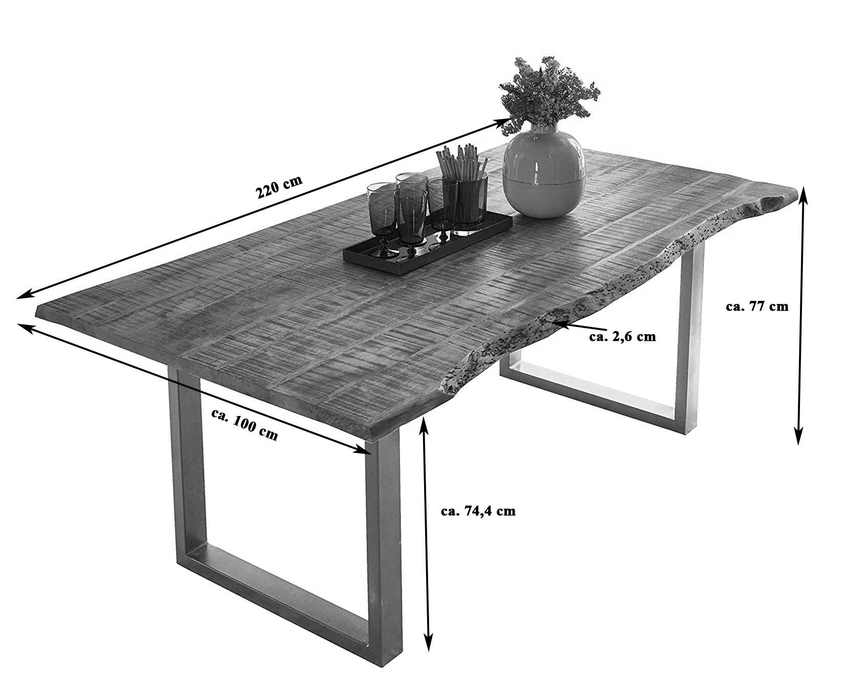 Essgruppe 220 cm Mango naturfarben U-Gestell schwarz mit 6 Stühlen NORINA