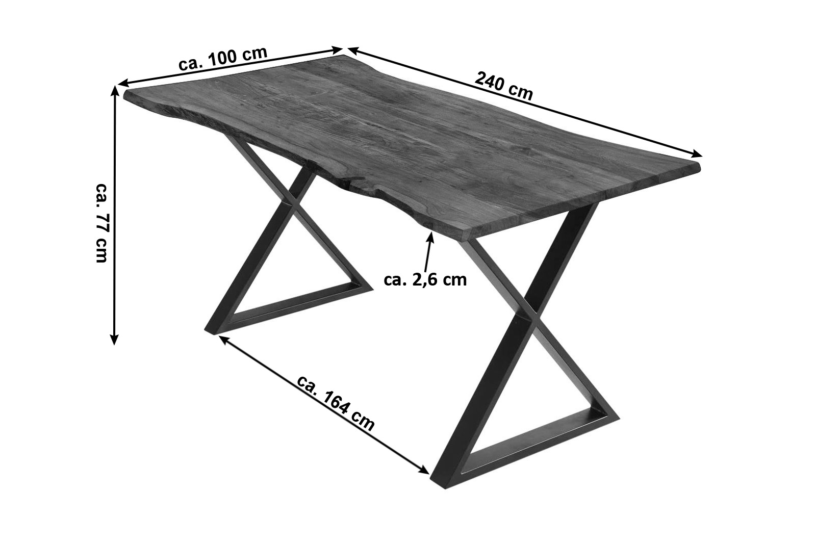 Esstisch Baumkante Akazie nussbaumfarben 240 x 100 cm geschlossenes X-Gestell schwarz KASIMIR