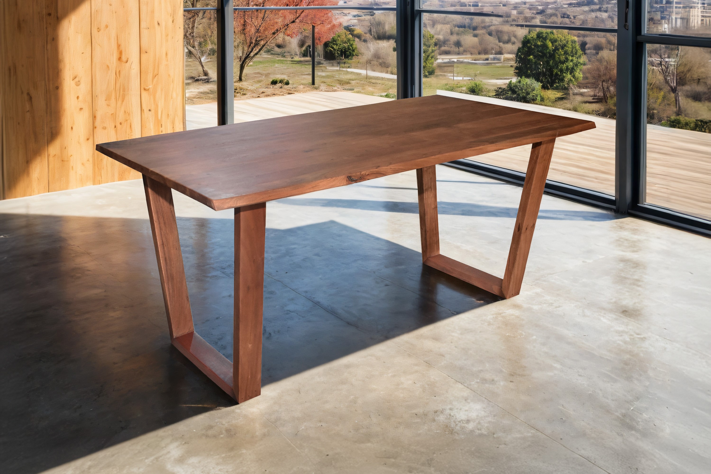 Esstisch Baumkante massiv Akazie nuss 160 x 85 V-Holzgestell nussbaumfarben GIRONA
