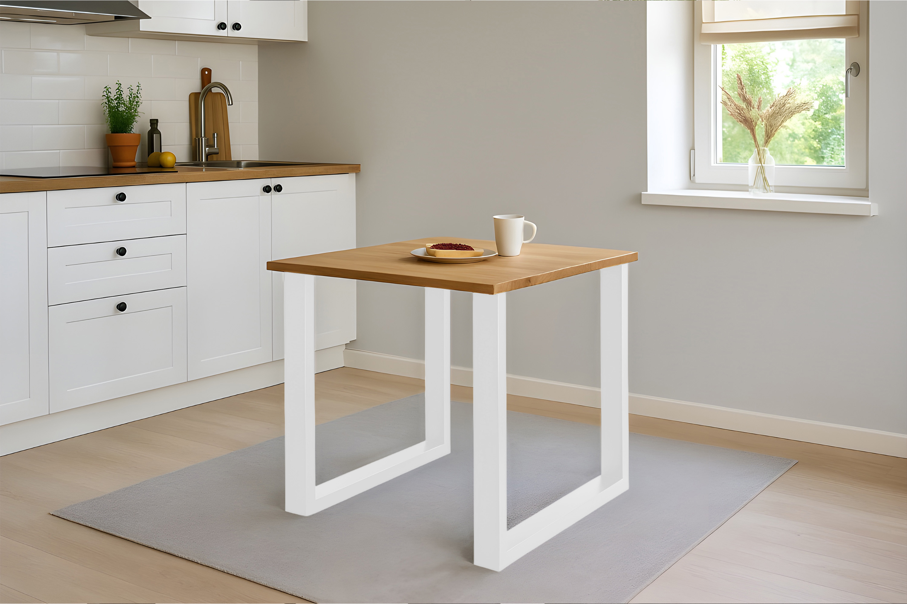 Esstisch Baumkante massiv Eiche geölt 80 x 80 cm U-Gestell weiß  SALVADOR