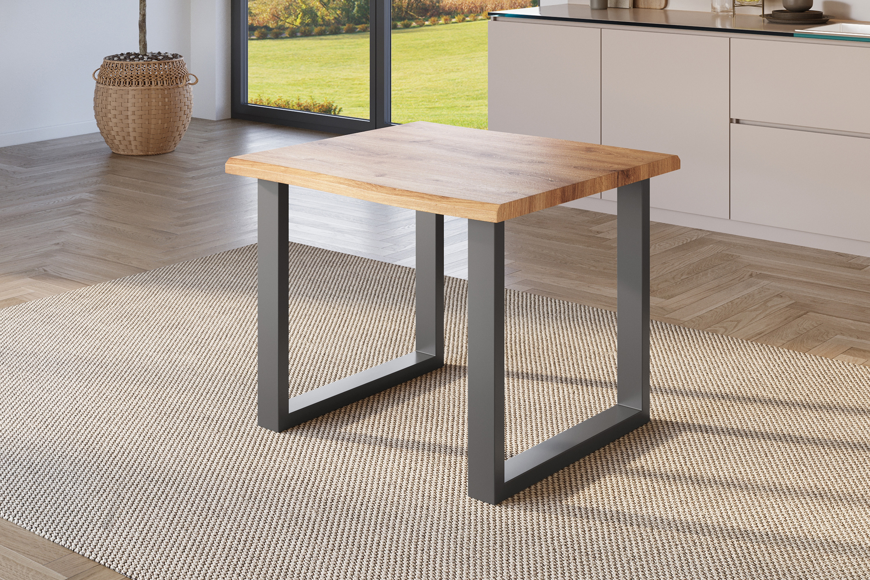 Esstisch Baumkante Holz-Optik Wildeiche 80 x 80 U-Gestell schwarz JULIUS