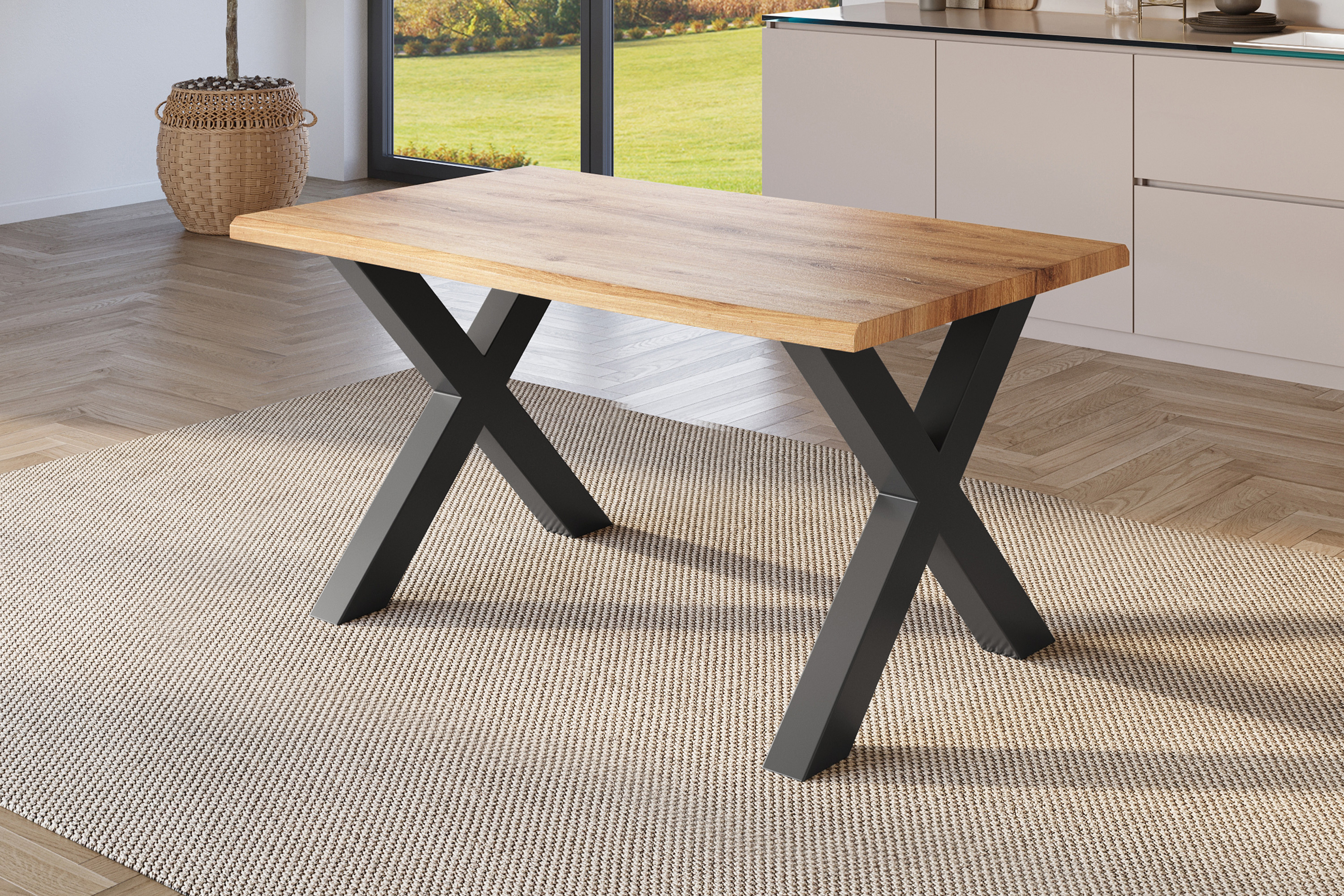 Esstisch Baumkante Holz-Optik Wildeiche 120 x 80 X-Gestell schwarz JULIUS