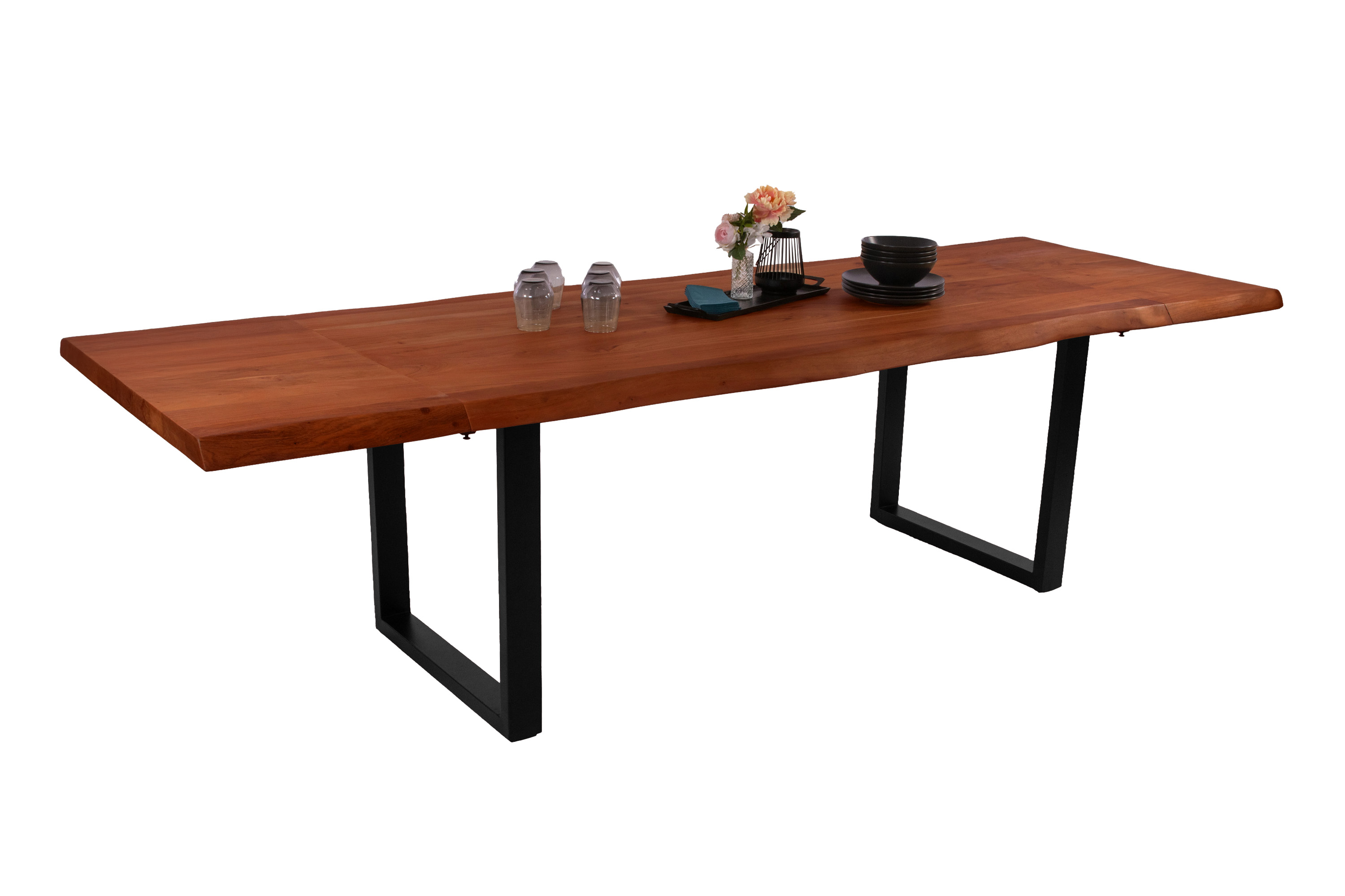 Esstisch Baumkante Akazie nuss 140 (220) x 90 cm U-Gestell schwarz mit Ansteckplatten CALI