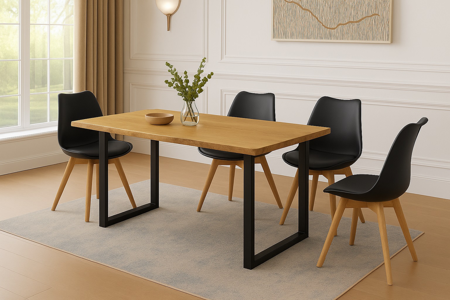 Essgruppe Baumkante massiv 120 x 80 cm Holz Wildeiche-Optik U-Gestell schwarz & 4 Stühle schwarz JOSY