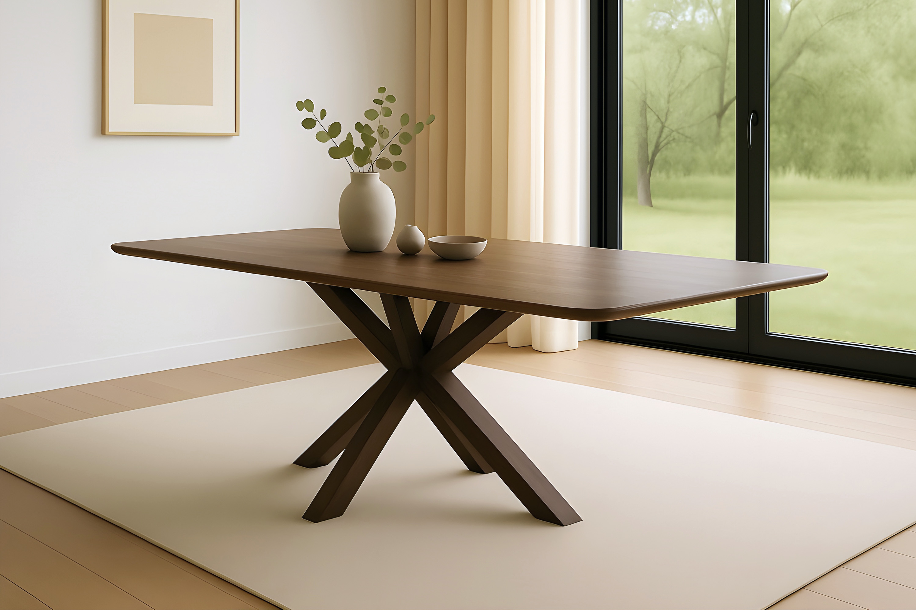 Esstisch 240 x 100 cm Akazie massiv kastanienfarben Schweizer Kante Spider-Gestell Holz kastanie ROBERTO