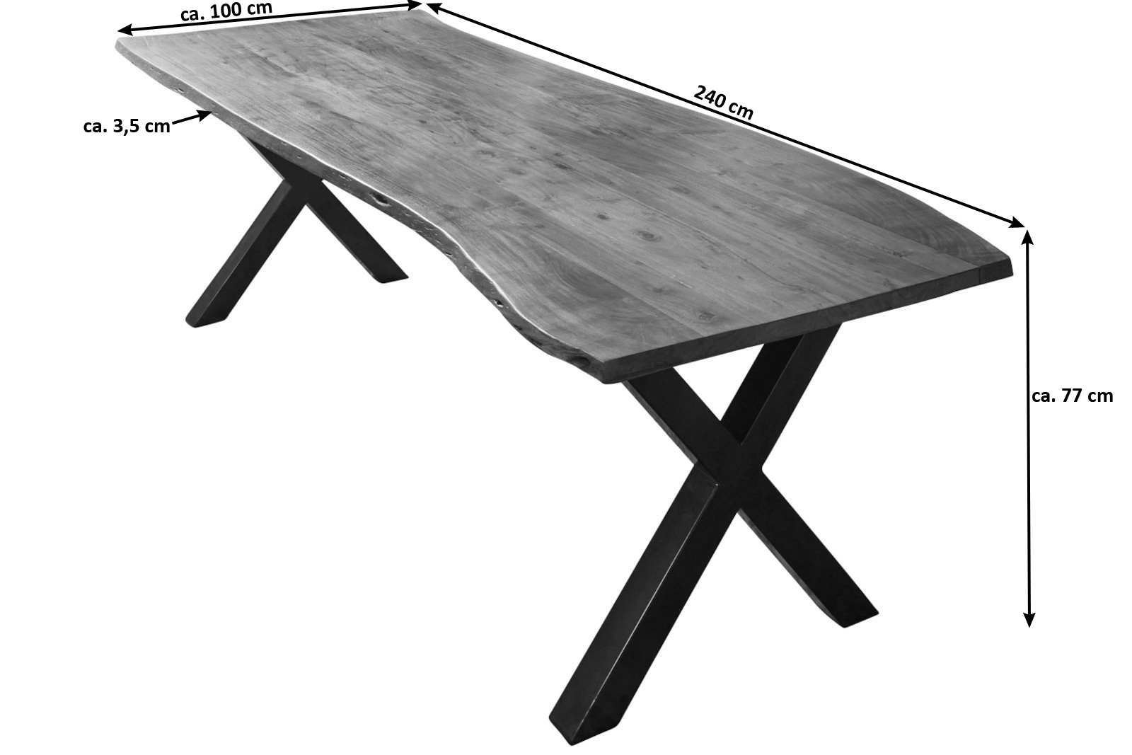  Esstisch Baumkante massiv Akazie nussbaum 240 x 100 X-Gestell schwarz XAVER