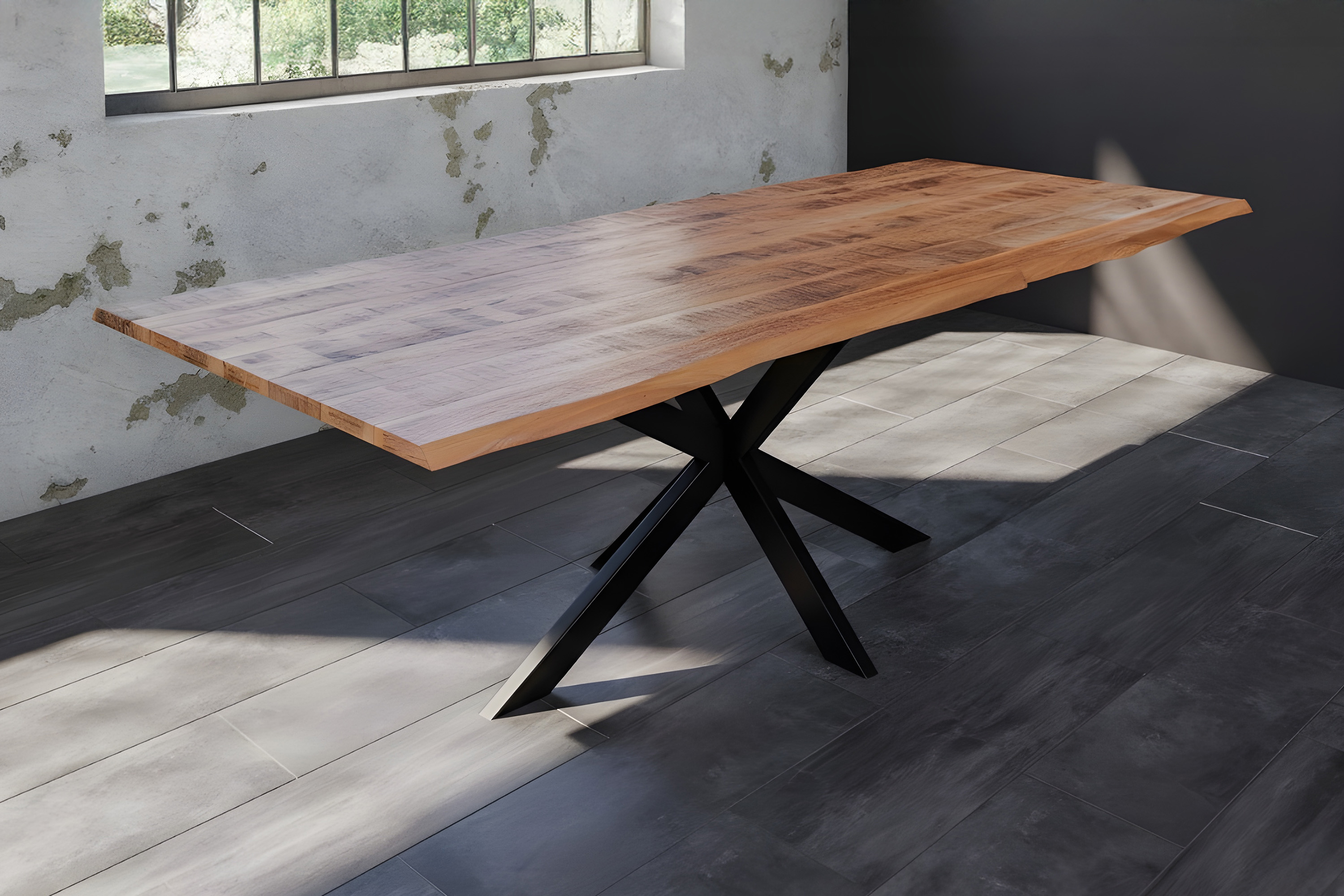 Esstisch Baumkante Massiv Mango naturfarben 280 x 100 schwarz Spider-Gestell DORA