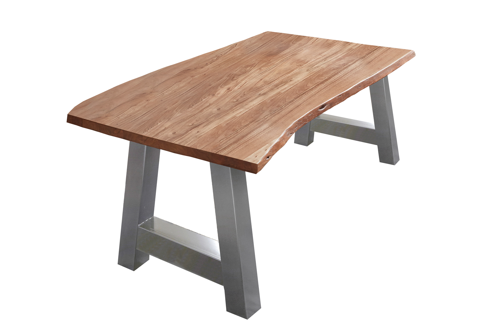  Esstisch Baumkante massiv Akazie Natur 140 x 80 A-Gestell silber ATHEN