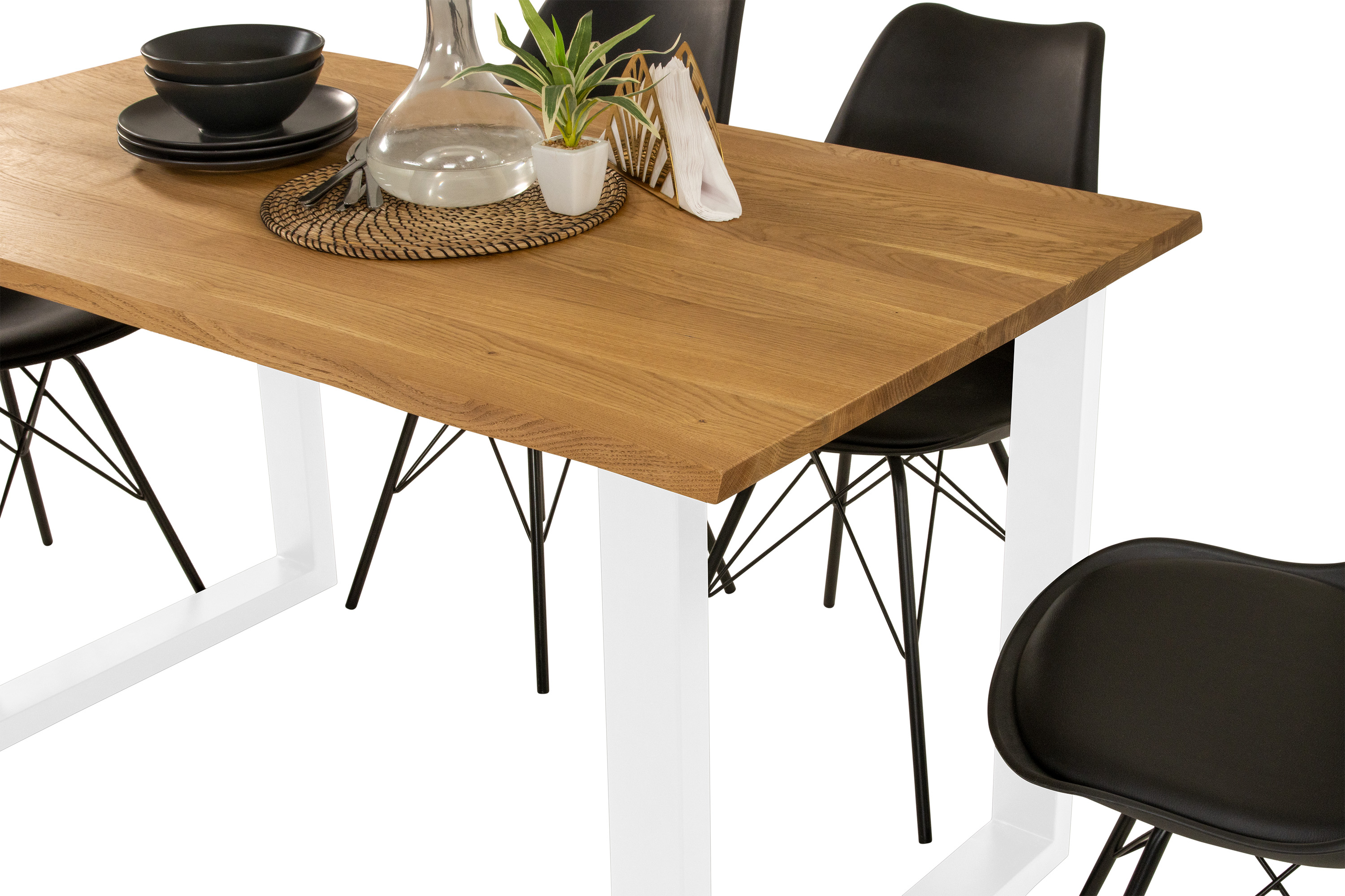 Esstisch Baumkante massiv Eiche geölt 180 x 90 cm U-Gestell weiß SALVADOR