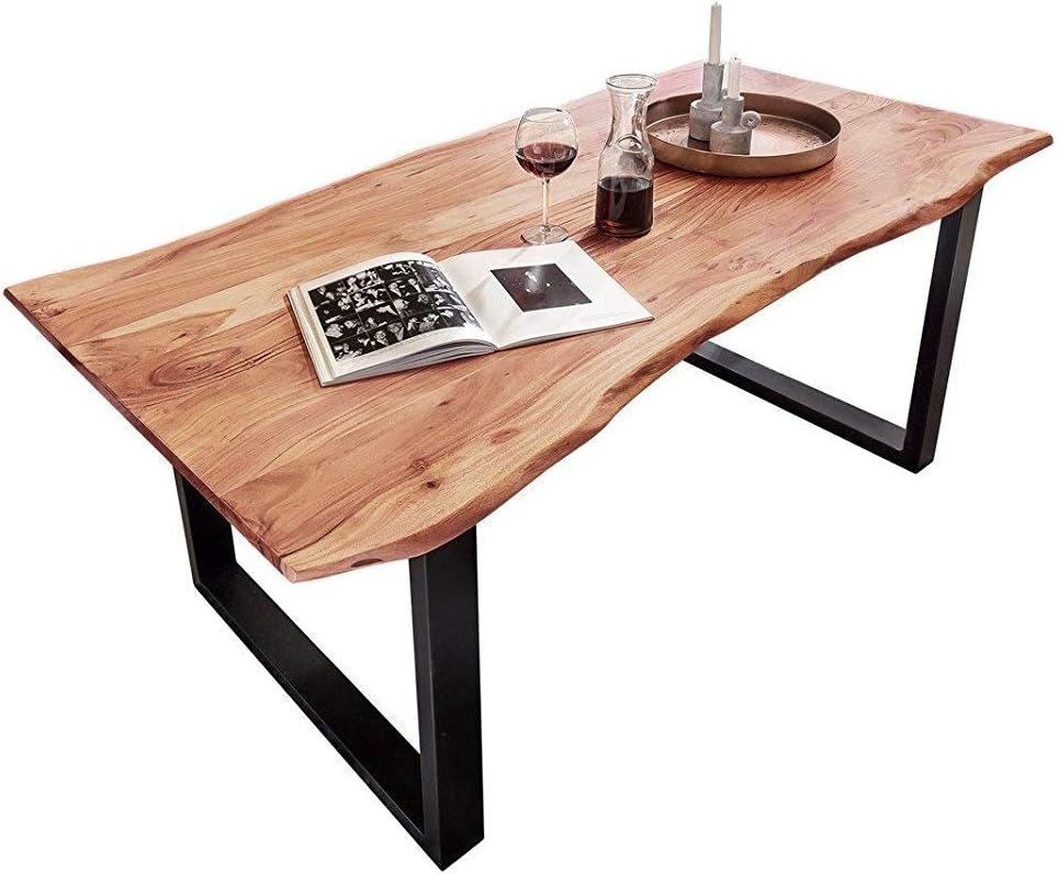 Essgruppe Baumkante massiv 220 x 100 cm Akazie naturfarben U-Gestell schwarz & 6 Stühle grau QUINN