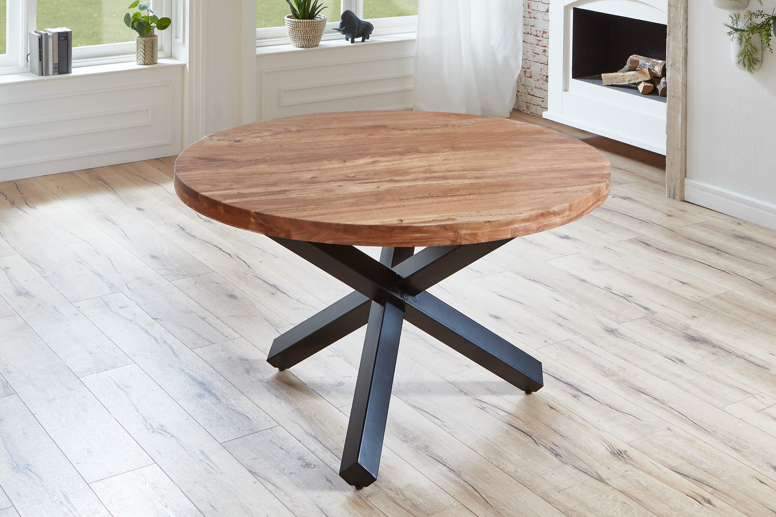   Esszimmertisch rund 120 cm Akazienholz Natur Schwarz RUNA