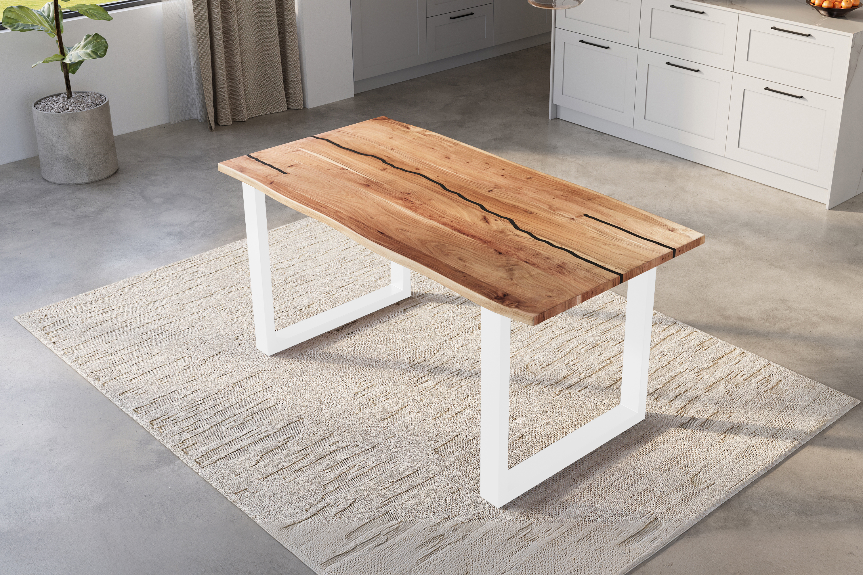 Baumkantentisch Akazie mit schwarzen Resin-Adern naturfarben 120 x 80 cm U-Gestell weiß POLLY
