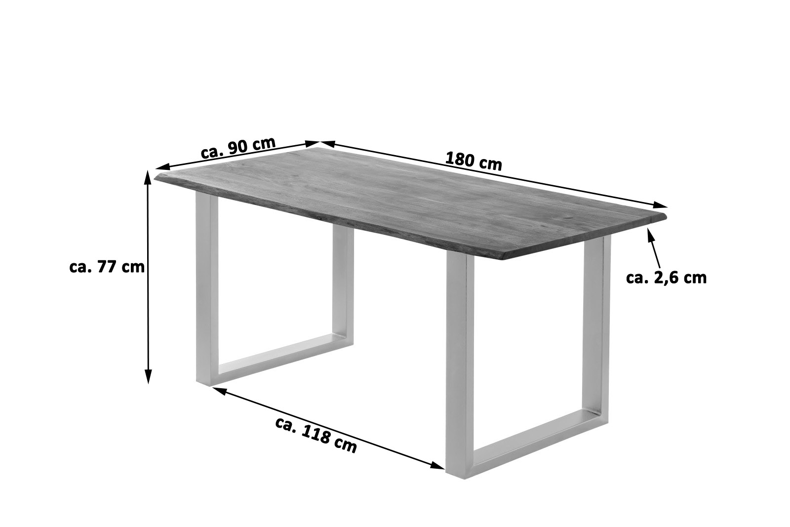 Esstisch Baumkante massiv Akazie stonefarben 180 x 90 cm silber LAURINA