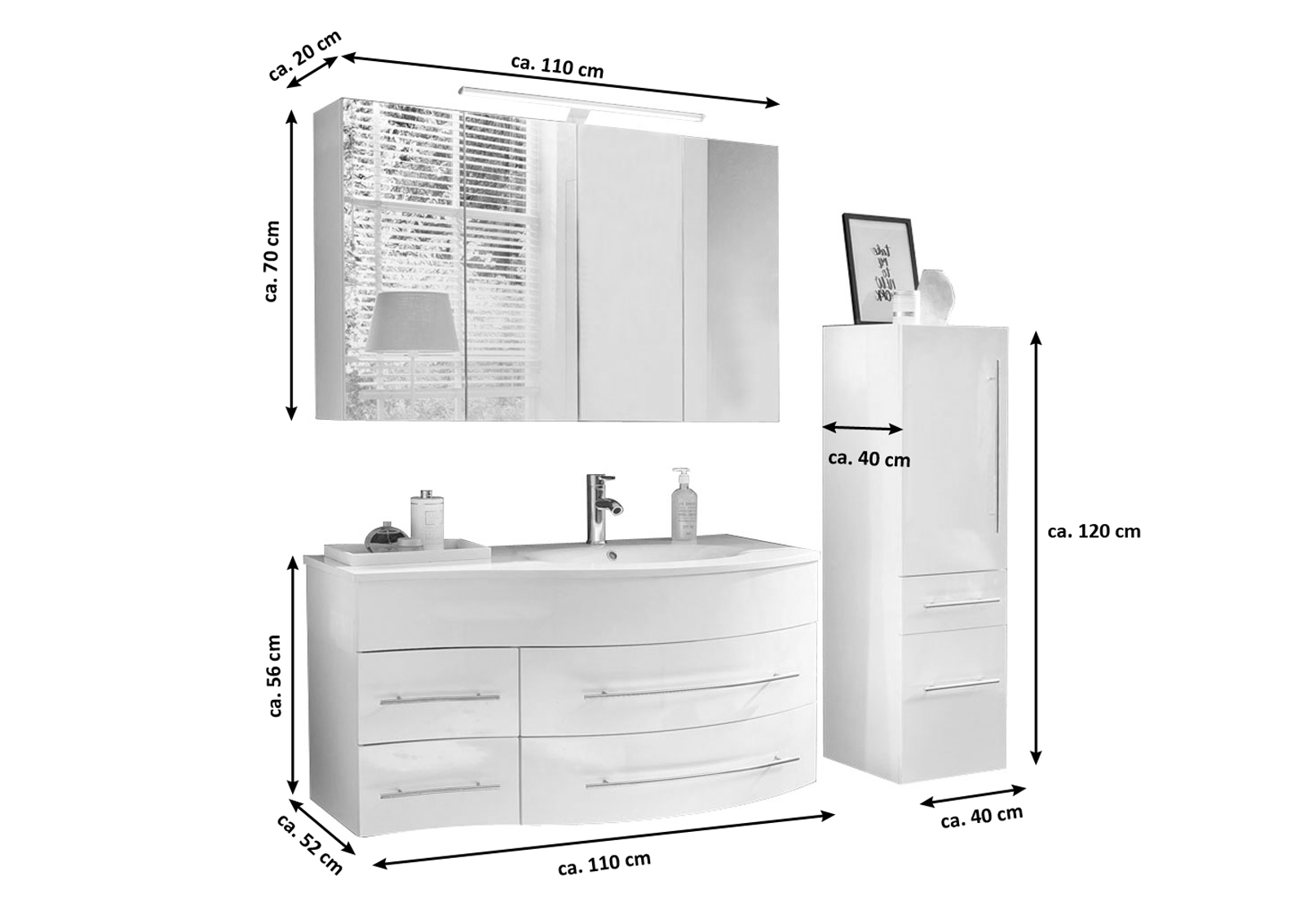  Badmöbel Set 3tlg Becken 110 cm weiß Hochglanz Dublin rechts