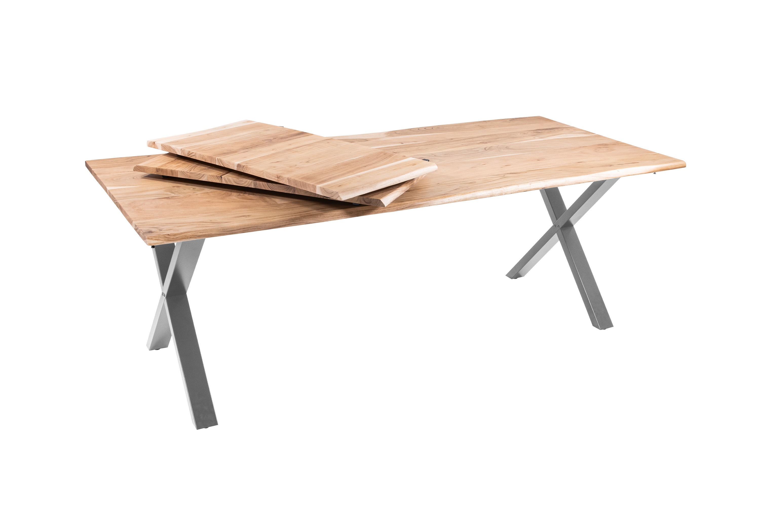 Esstisch Baumkante Akazie natur 220(320)x100 Ansteckplatten X-Gestell silber AVINO