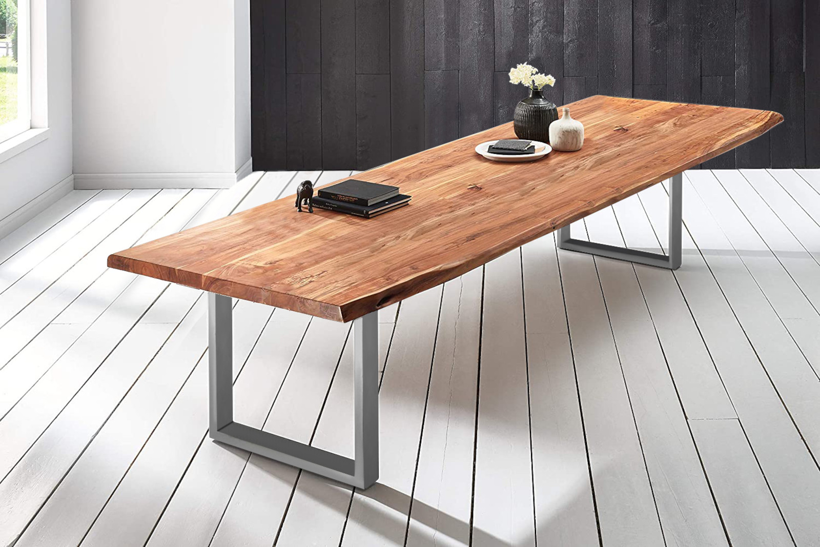  Esstisch Baumkante massiv Akazie natur 300 x 120 silber VALIN