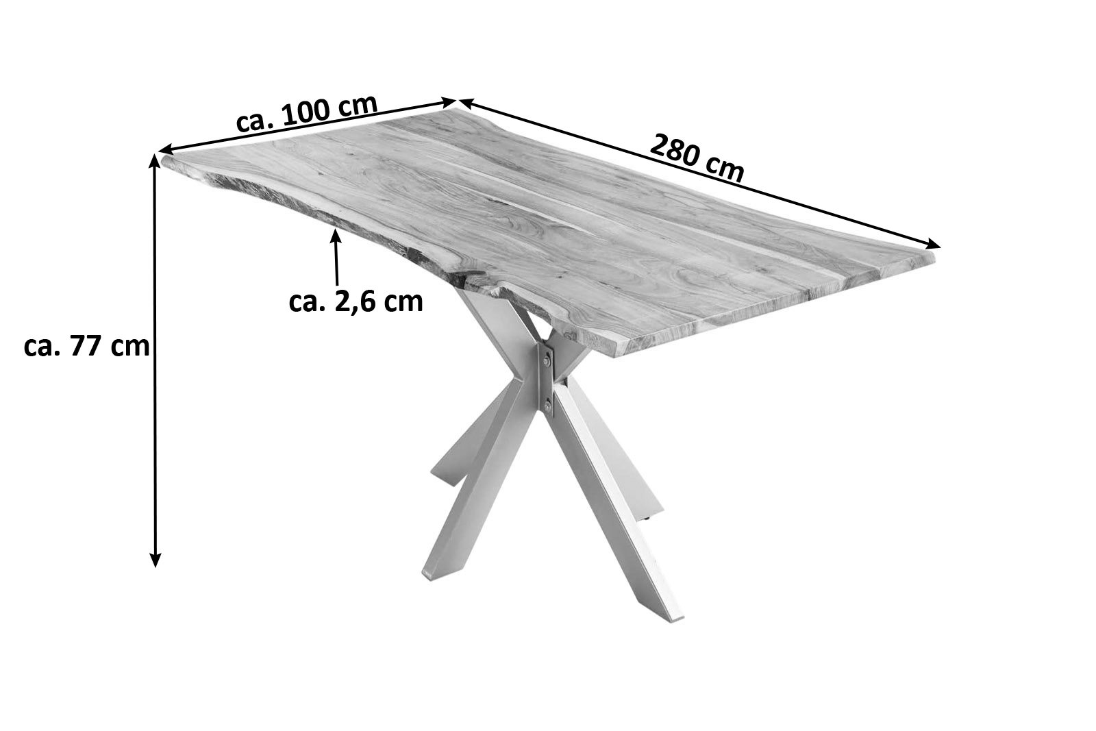 Esstisch Baumkante massiv Akazie natur 280 cm Spider-Gestell silber HELENE