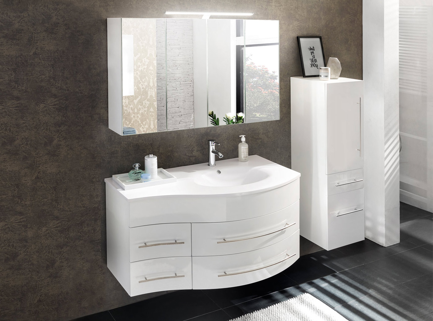  Badmöbel Set 3tlg Becken 110 cm weiß Hochglanz Dublin rechts