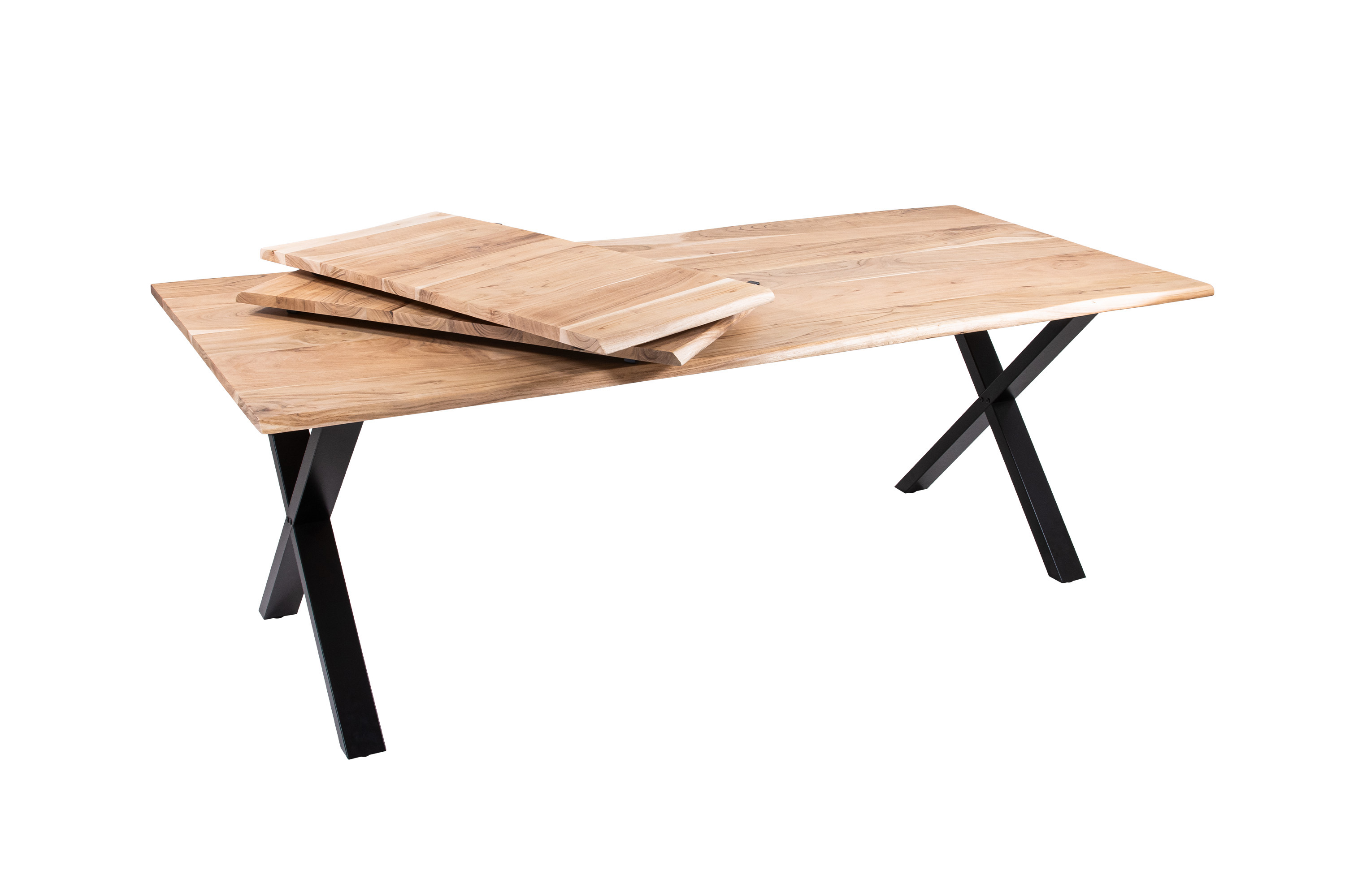 Esstisch Baumkante Akazie natur 200(300)x100 Ansteckplatten X-Gestell schwarz AVINO