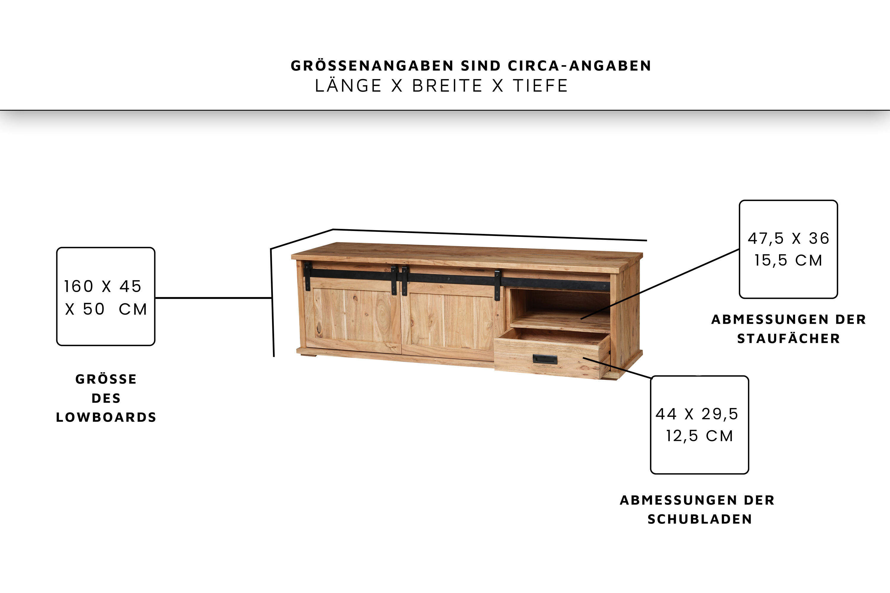 Lowboard 160 x 45 x 50 cm Akazienholz massiv naturfarben ohne Baumkante LIAN 3