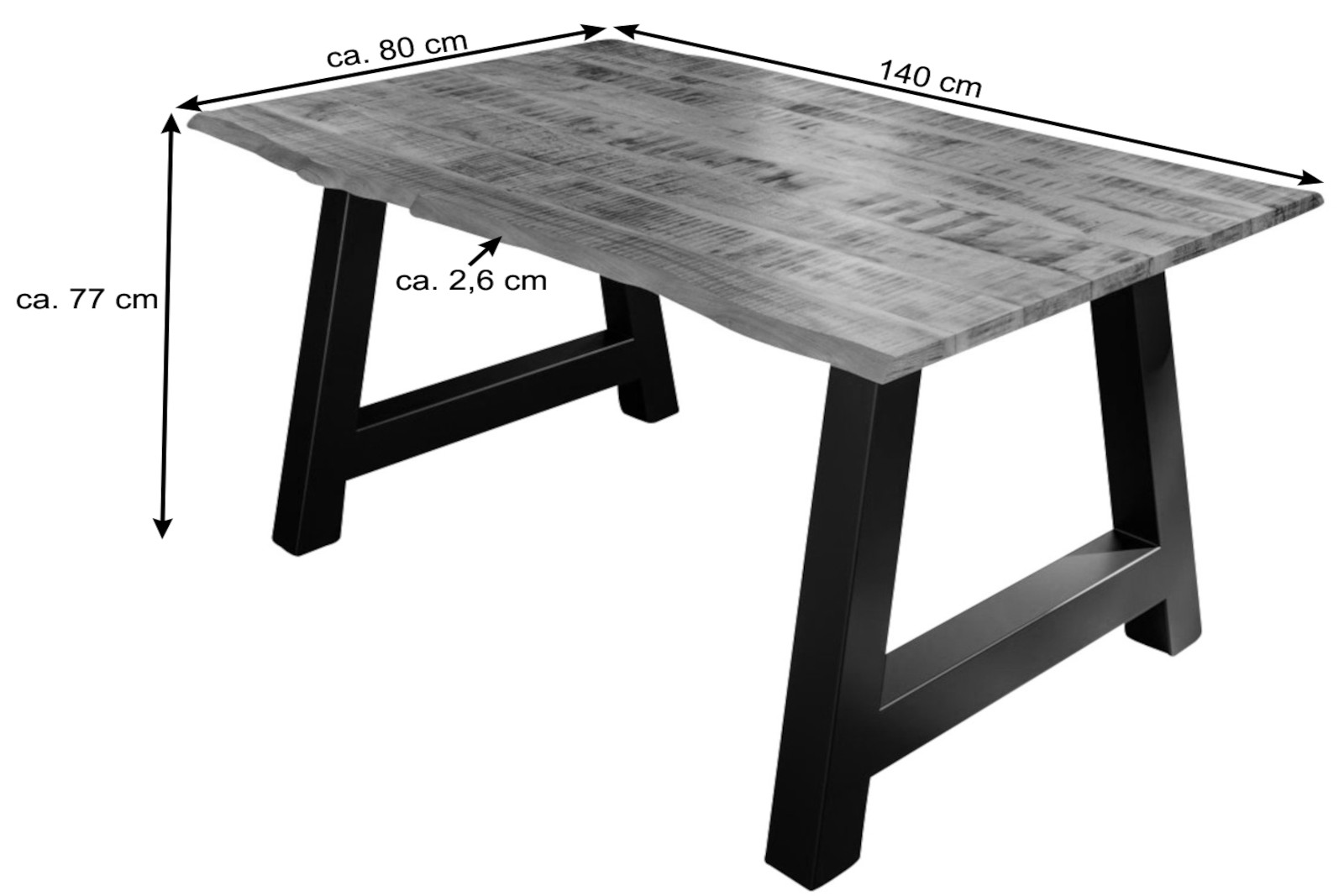 Essgruppe 140 cm Mango naturfarben A-Gestell schwarz mit 6 Stühlen DORA