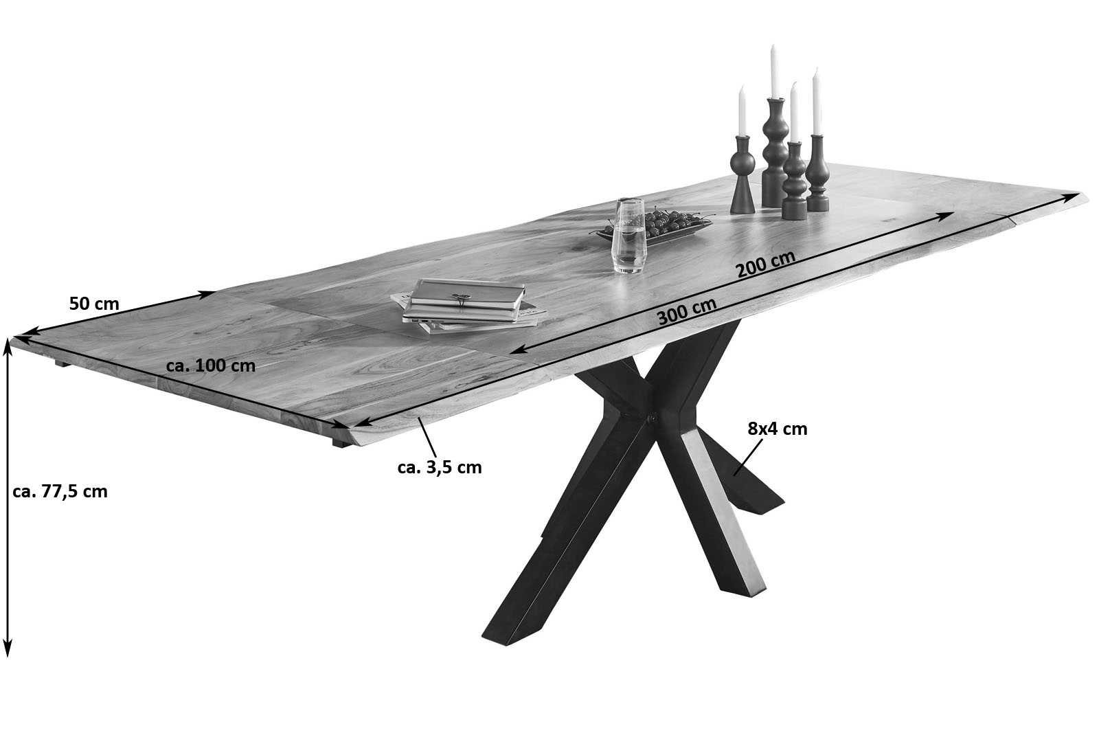  Esstisch Baumkante Akazie natur 200(300)x100 Ansteckplatten SPENCER