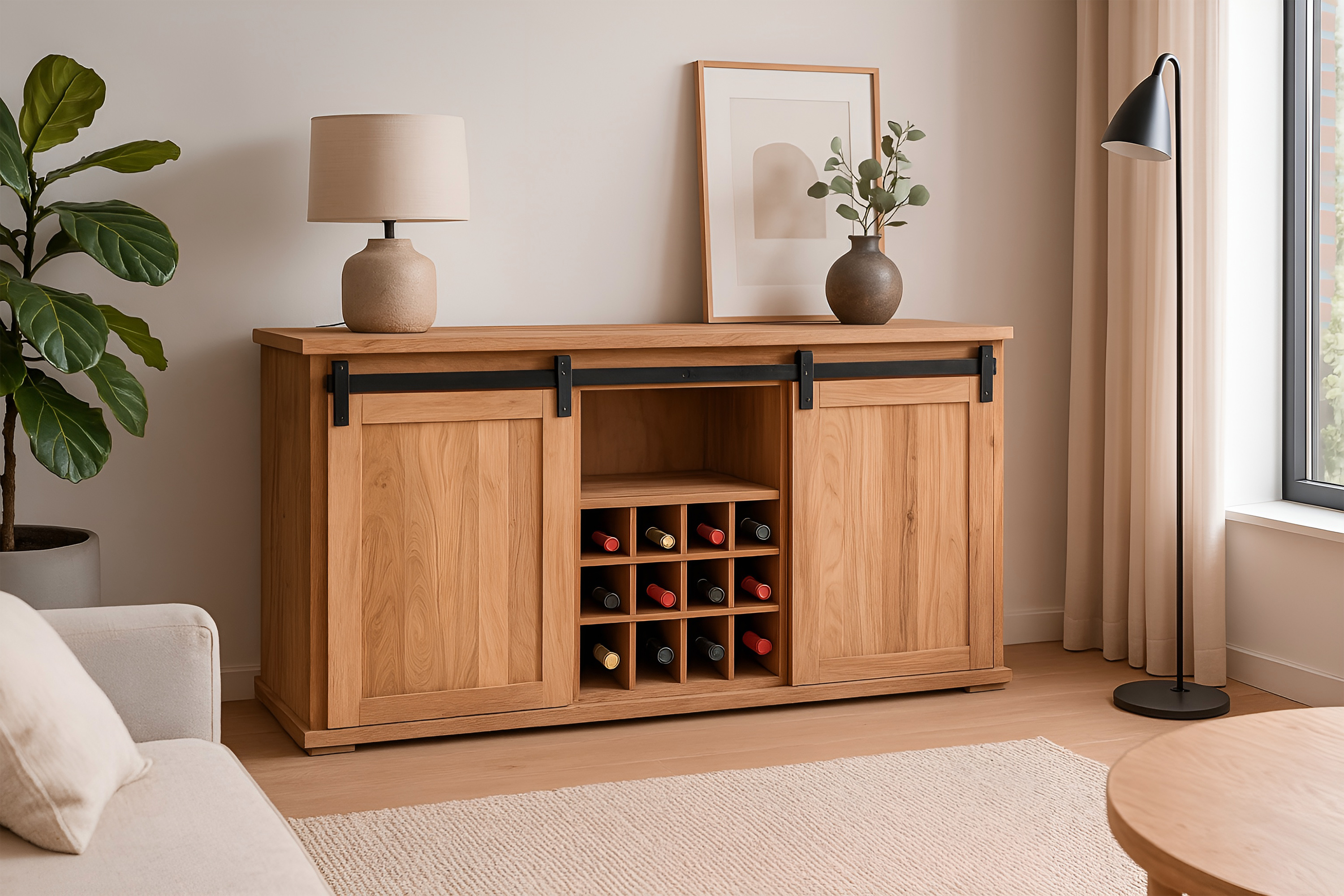 Wein-Sideboard 85 x 45 x 145 cm Akazienholz massiv naturfarben ohne Baumkante LIAN 1