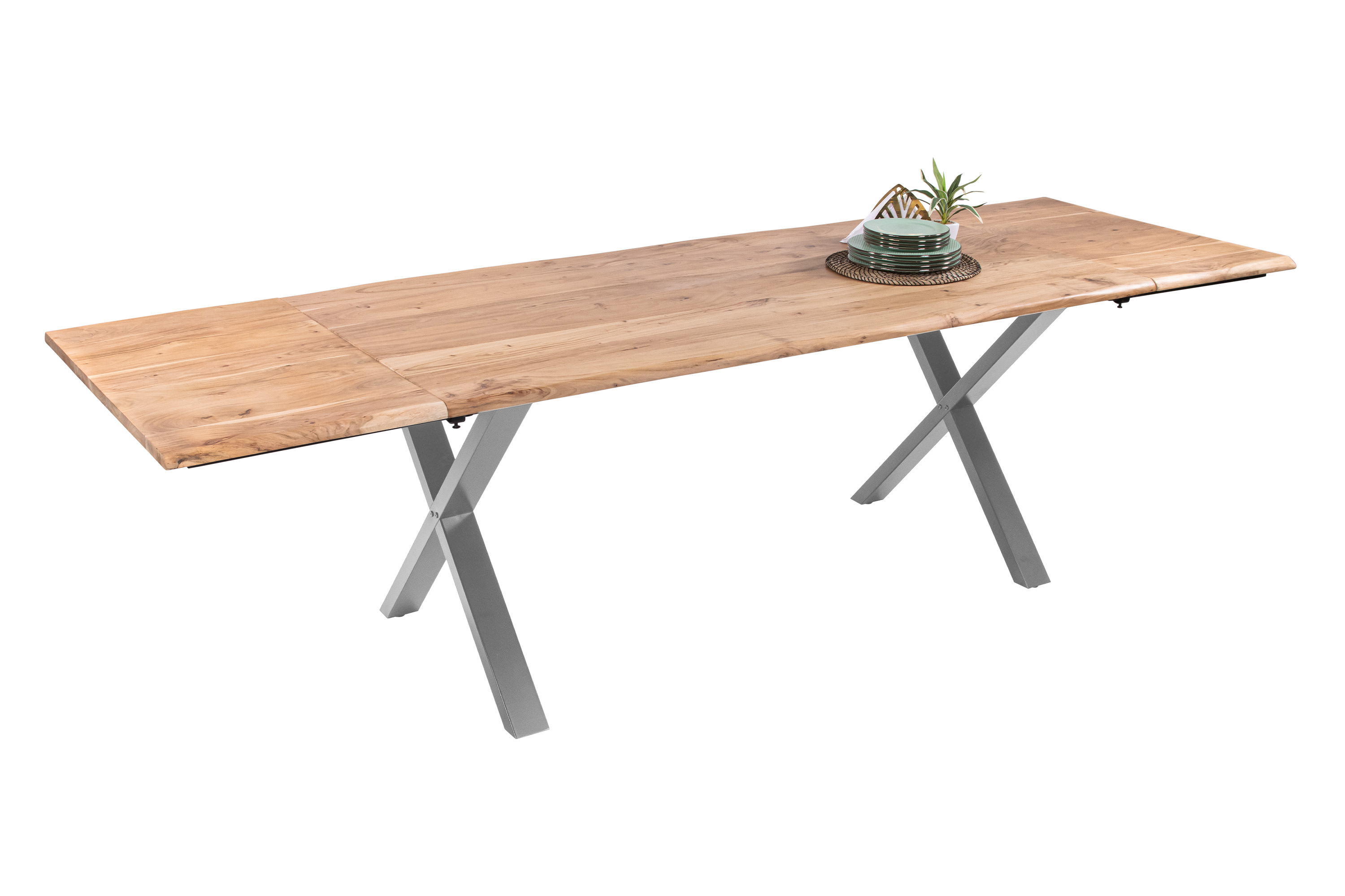 Esstisch Baumkante Akazie natur 180(280)x90 Ansteckplatten X-Gestell silber AVINO