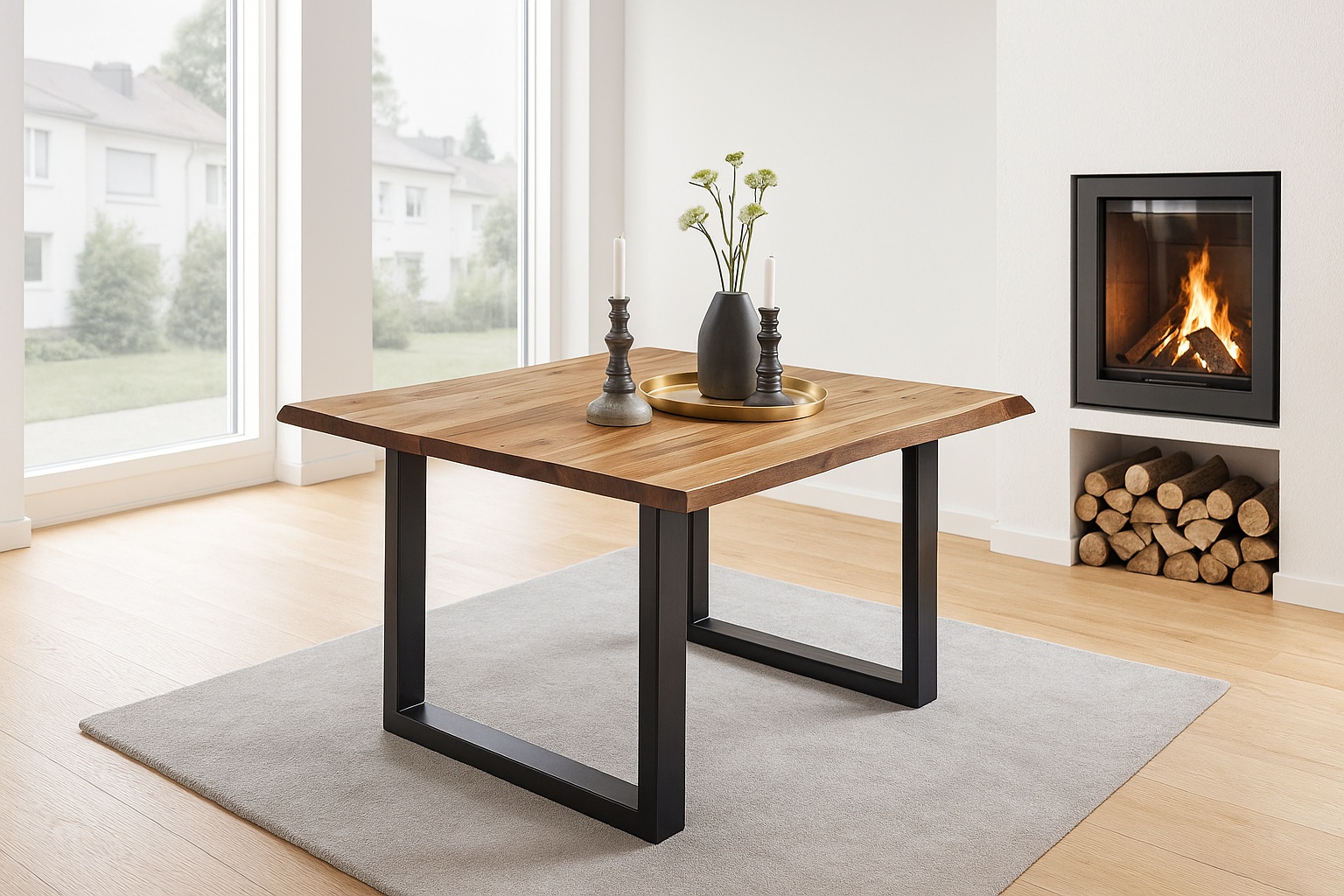 Esstisch Baumkante massiv Akazie natur 90 x 90 schwarz NIAH