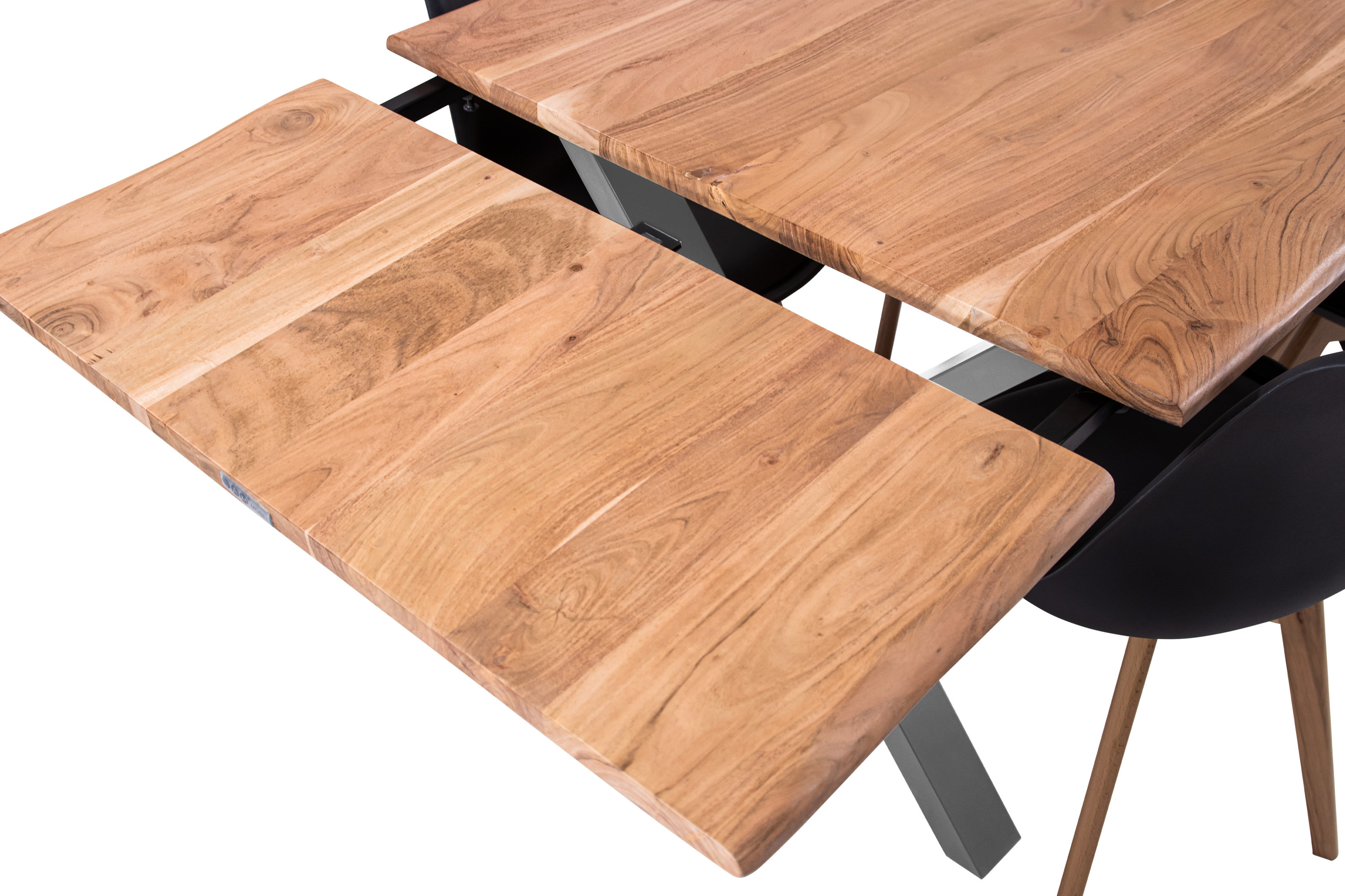 Esstisch Baumkante Akazie natur 180(280)x90 Ansteckplatten X-Gestell silber AVINO