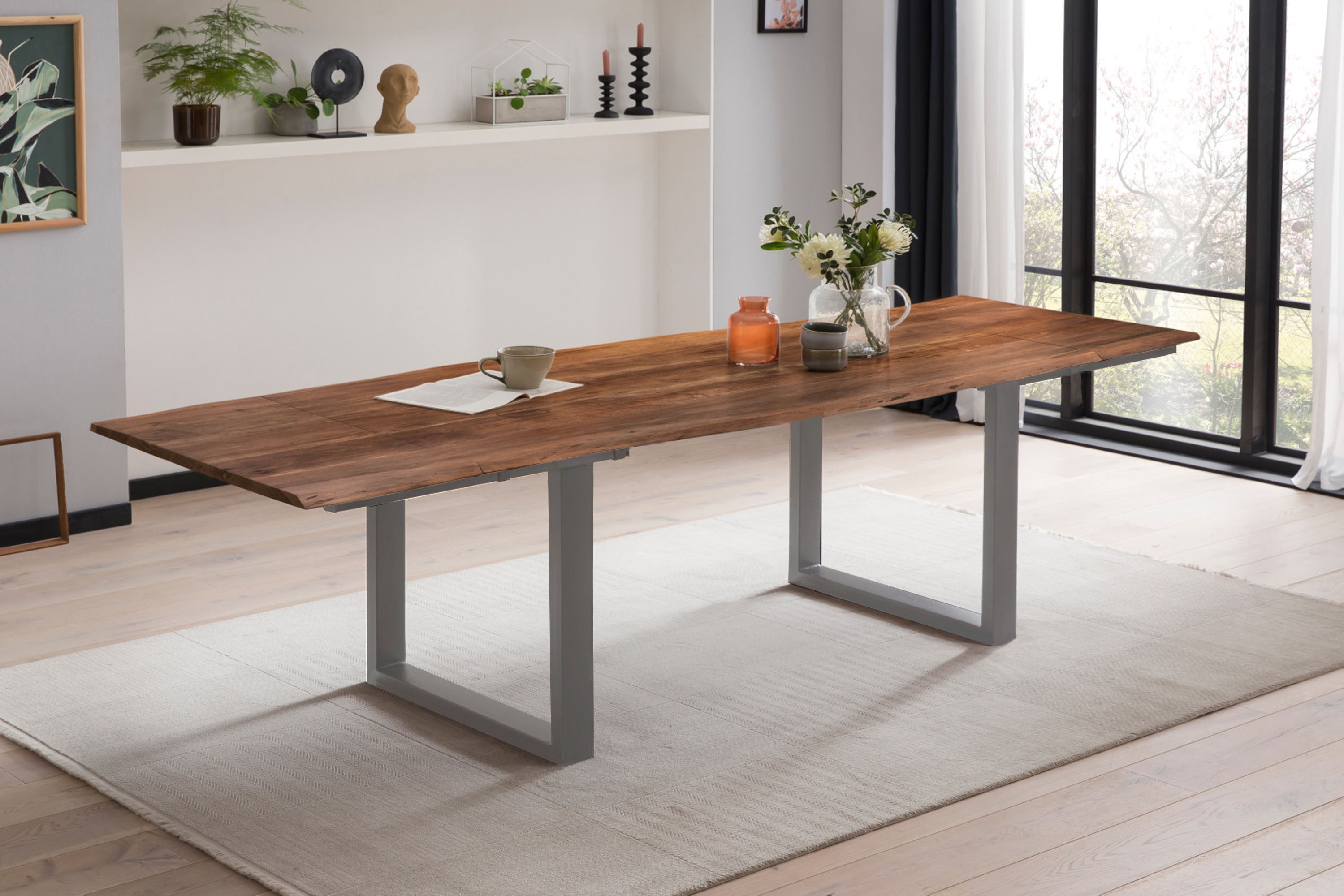 Esstisch Baumkante Akazie nuss 140(220 )x90 Ansteckplatten silber ADINA Esstisch Baumkante Akazie nuss 140(220 )x90 Ansteckplatten silber ADINA