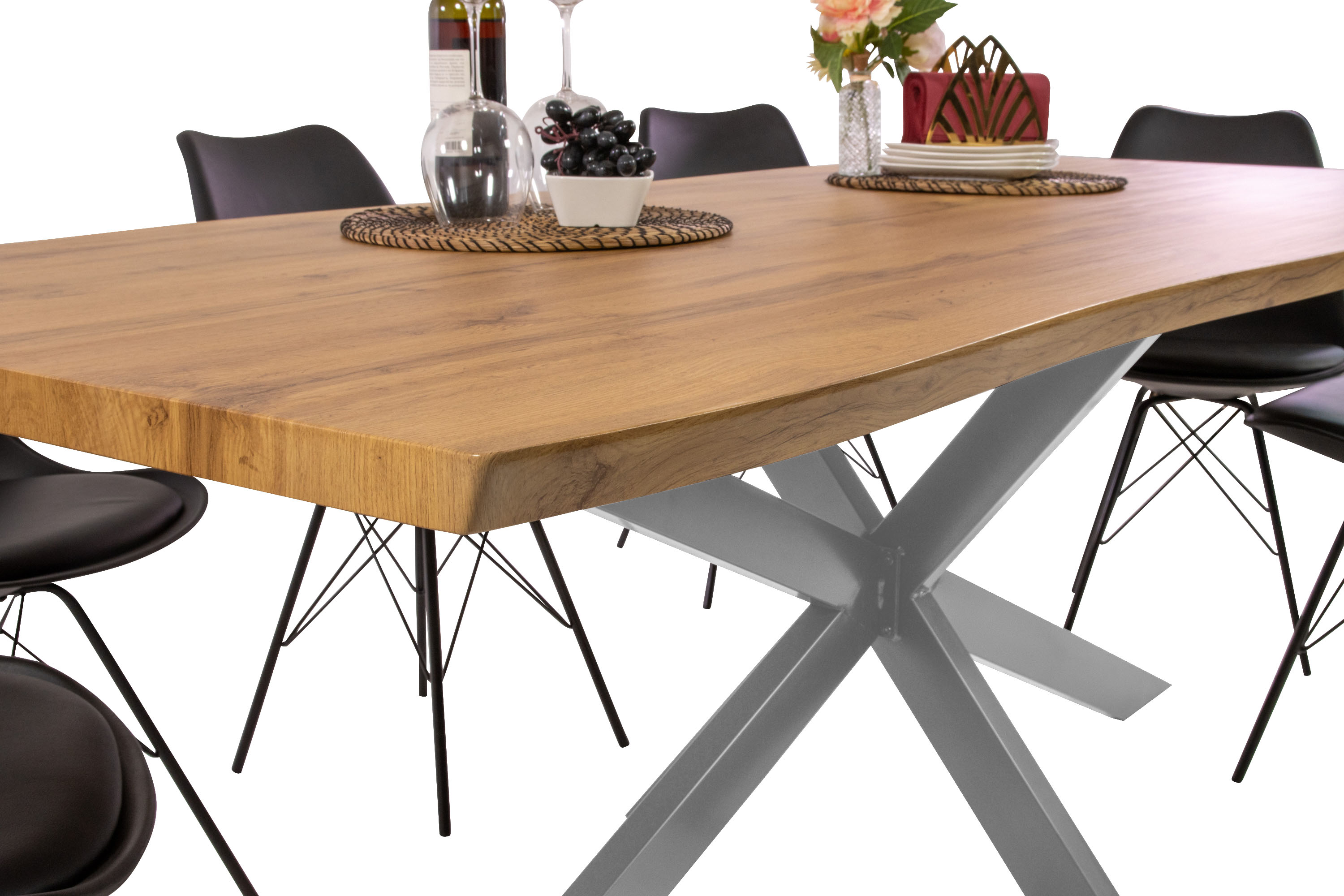 Esstisch Baumkante Holz-Optik Wildeiche 220 x 100 Spider-Gestell silber JOSY