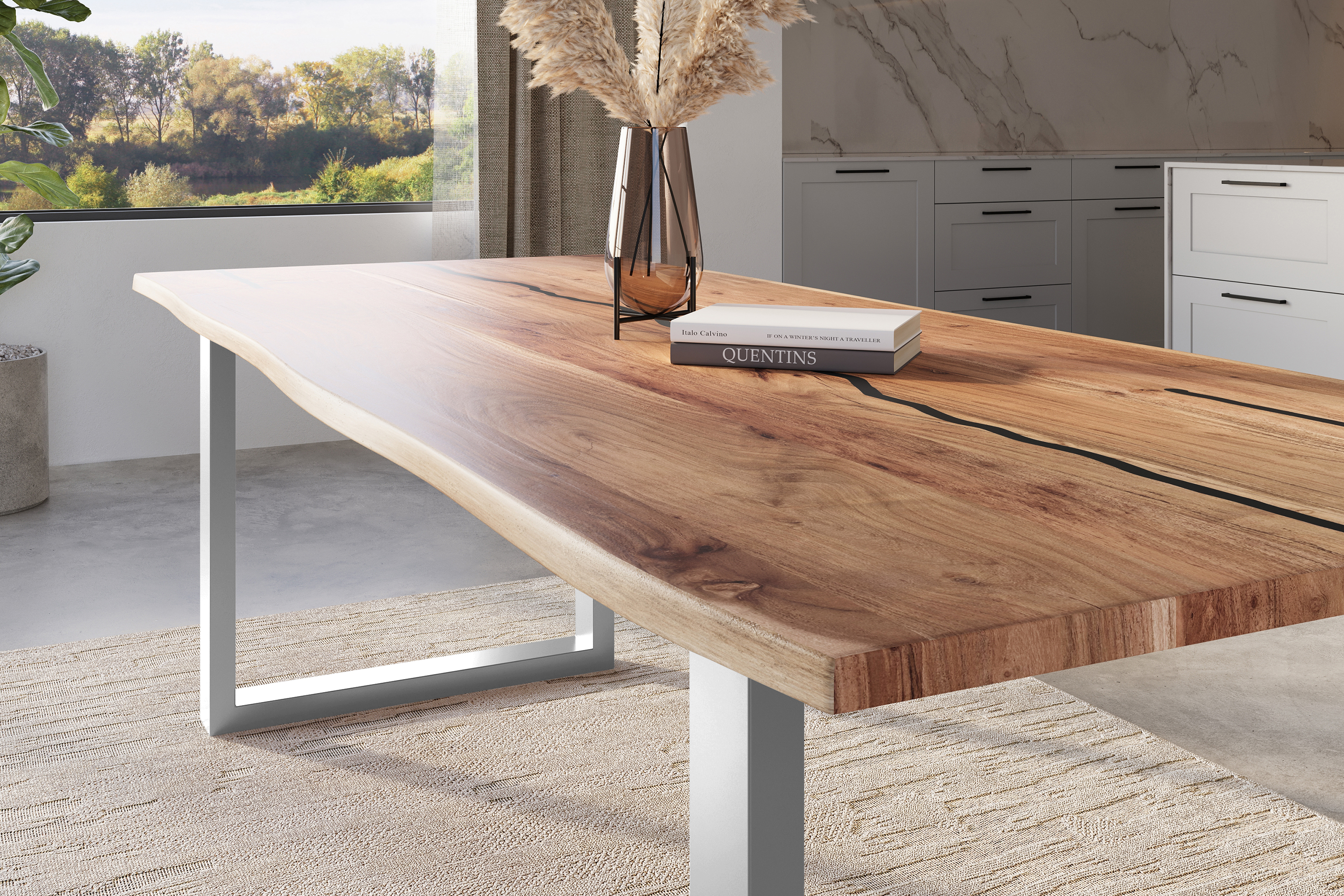 Baumkantentisch Akazie mit schwarzen Resin-Adern naturfarben 300 x 100 cm U-Gestell silber POLLY