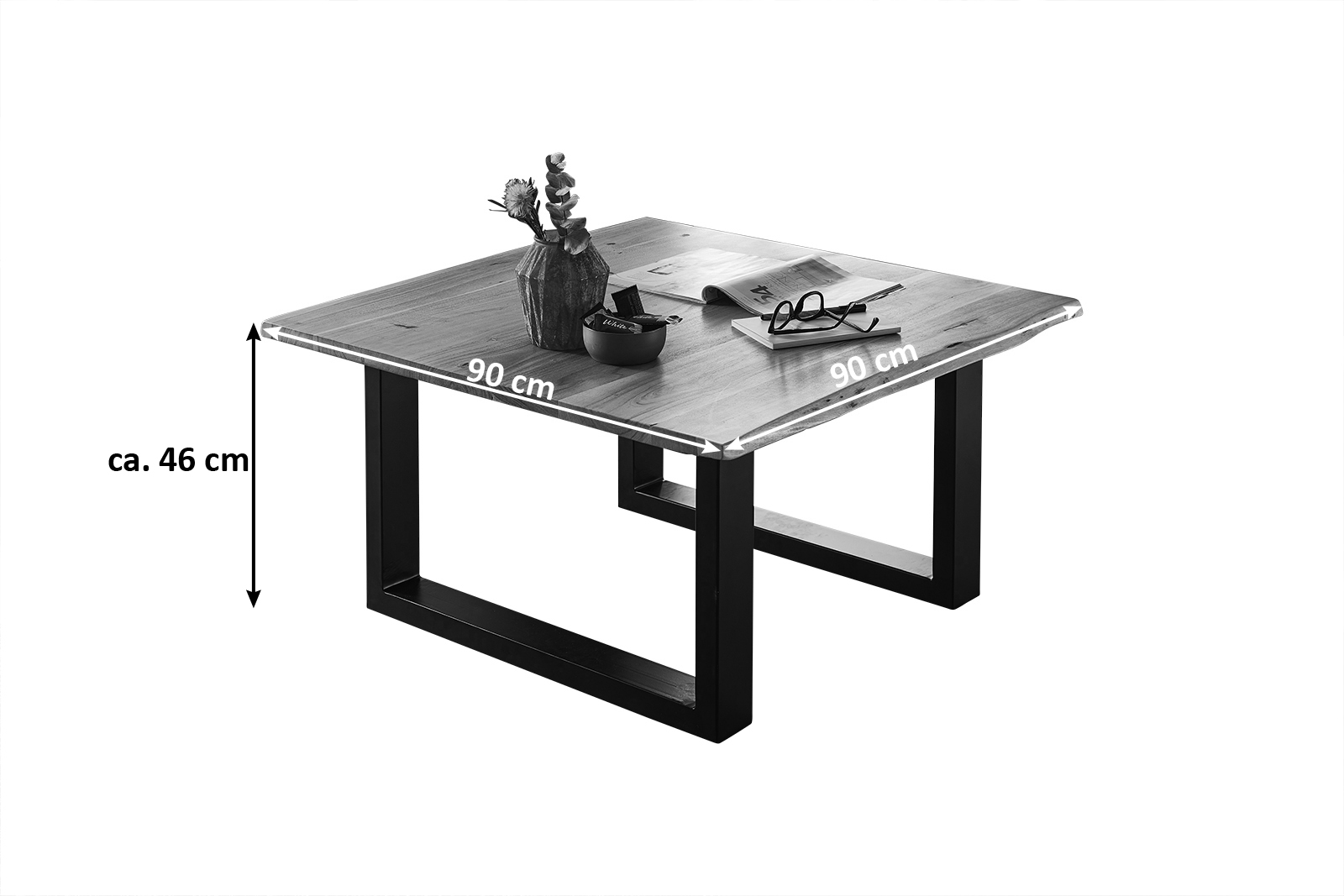  Couchtisch Baumkante massiv Akazie nussbaum 90 x 90 schwarz NOAH