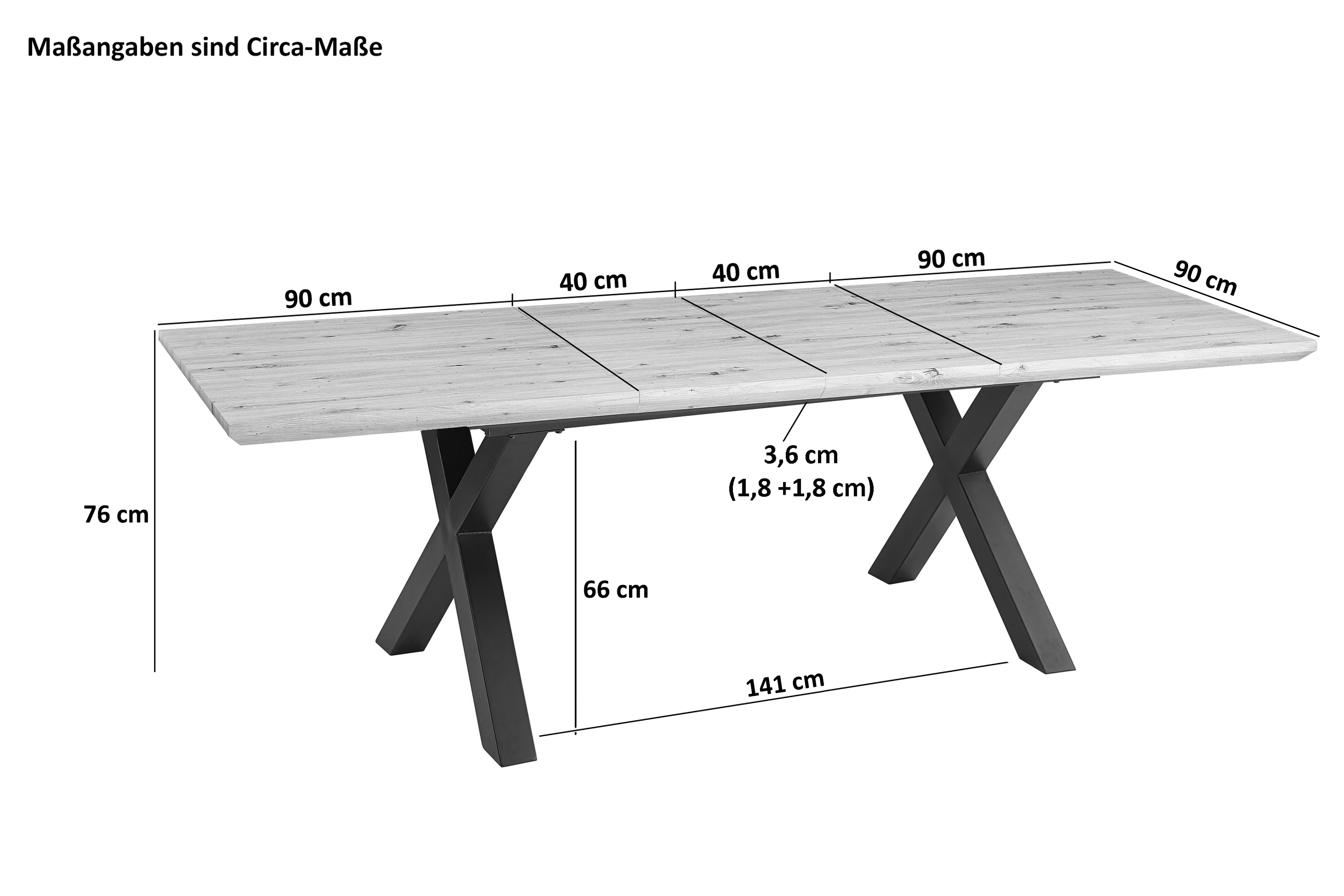 Esstisch Schweizer Kante eichenfarben 180(260) x 90 X-Gestell schwarz Bird