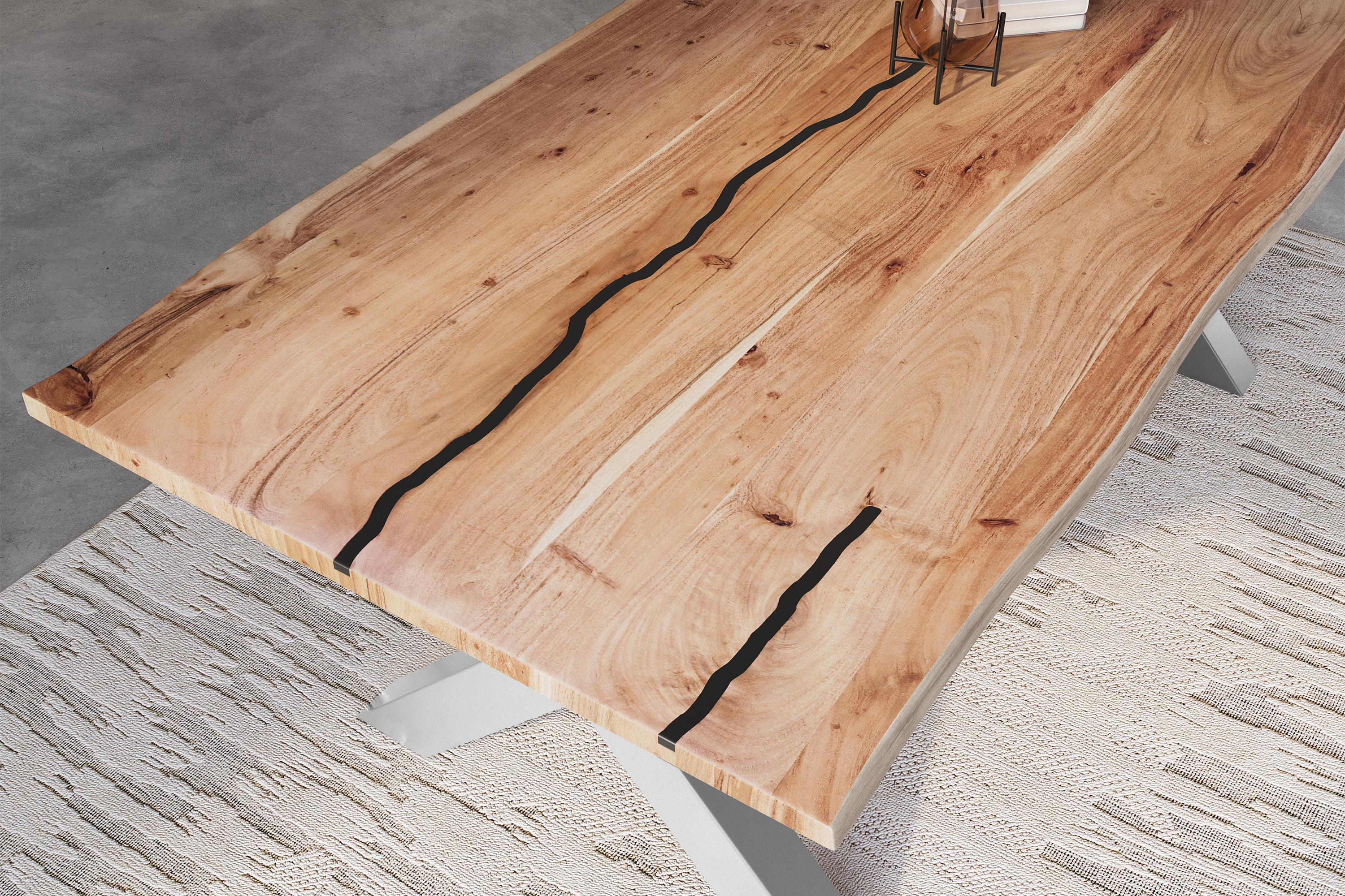 Baumkantentisch Akazie mit schwarzen Resin-Adern naturfarben 220 x 100 cm X-Gestell silber POLLY