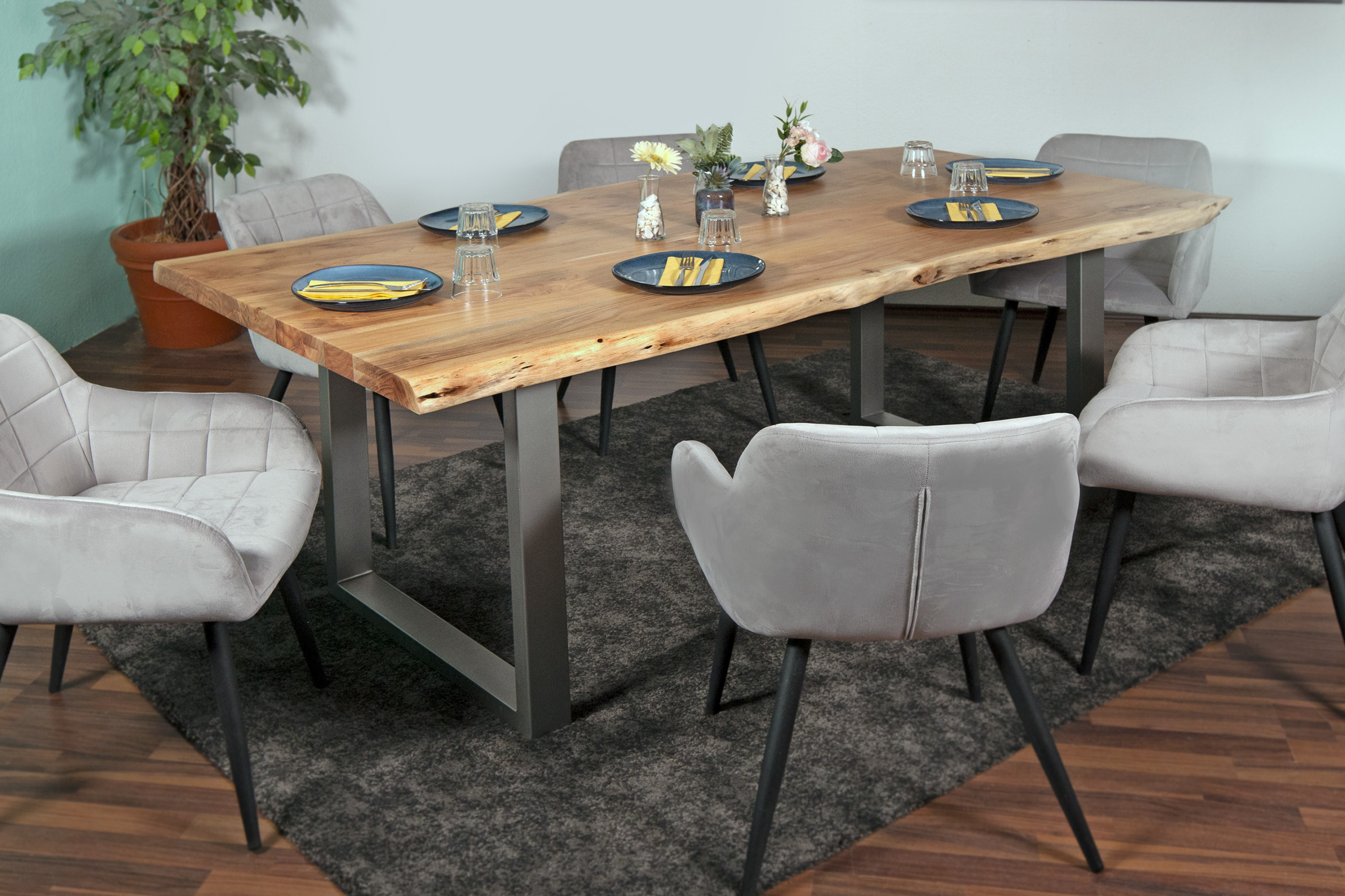 Esstisch Baumkante massiv Akazie Natur 280 x 120 U-Gestell silber CALI